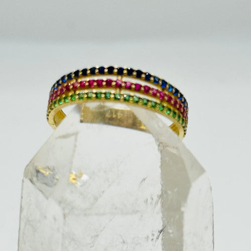 10K Gold Ring with Three Lines of Colorful Swarovski Crystals - Size 7