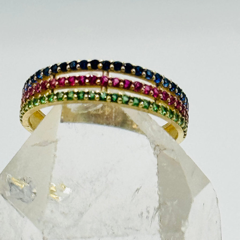 10K Gold Ring with Three Lines of Colorful Swarovski Crystals - Size 7