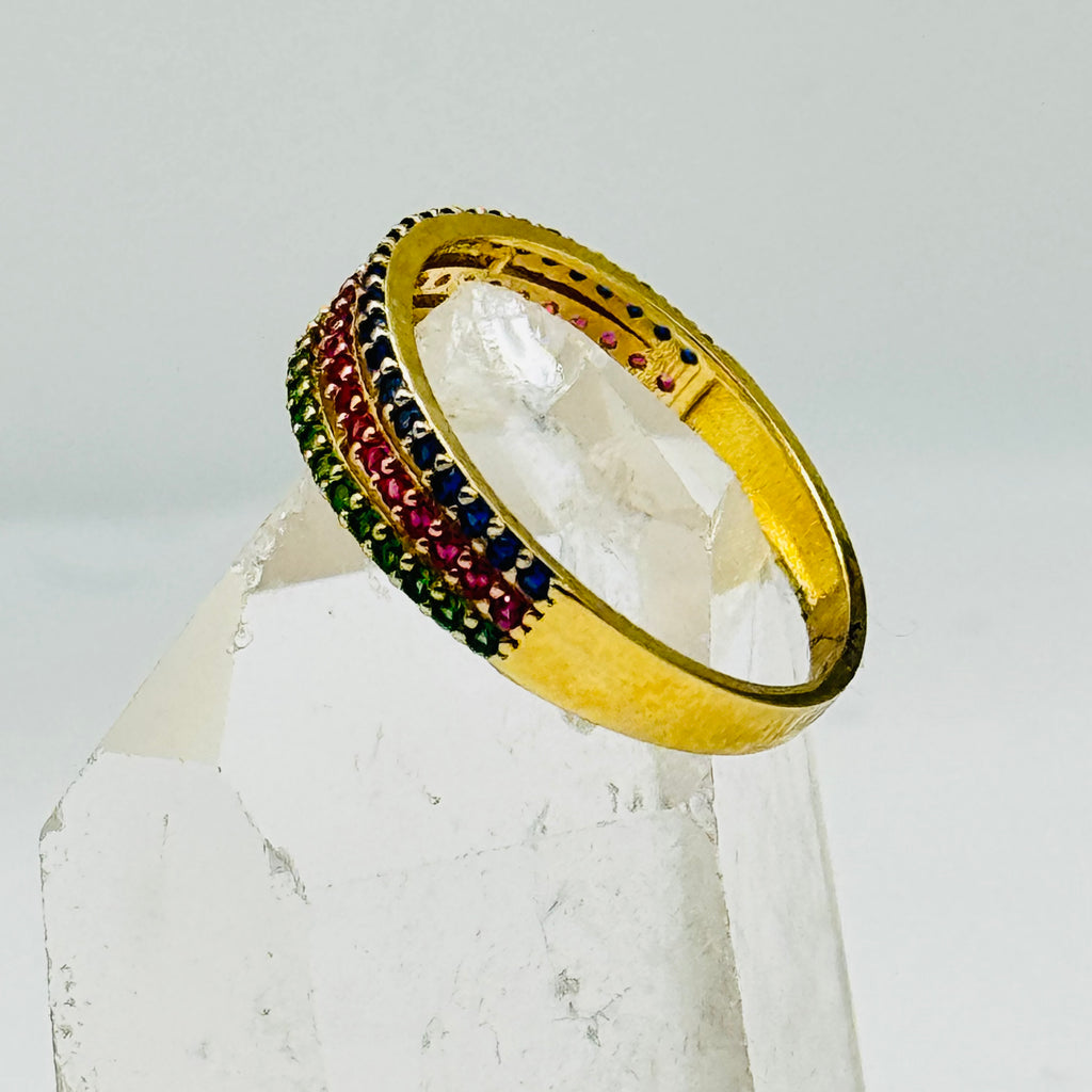 10K Gold Ring with Three Lines of Colorful Swarovski Crystals - Size 7