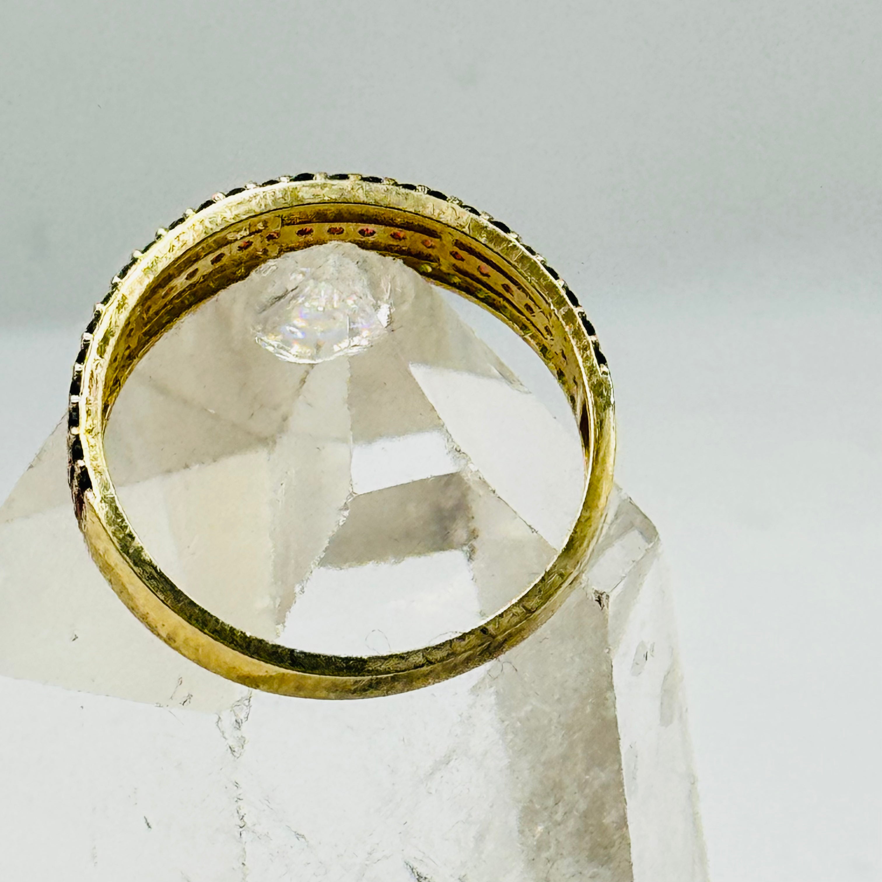 10K Gold Ring with Three Lines of Colorful Swarovski Crystals - Size 7
