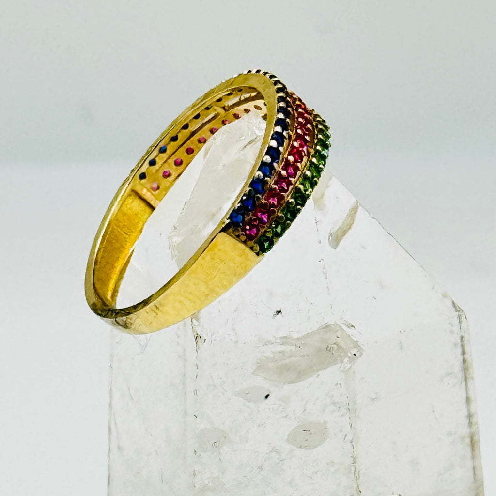 10K Gold Ring with Three Lines of Colorful Swarovski Crystals - Size 7