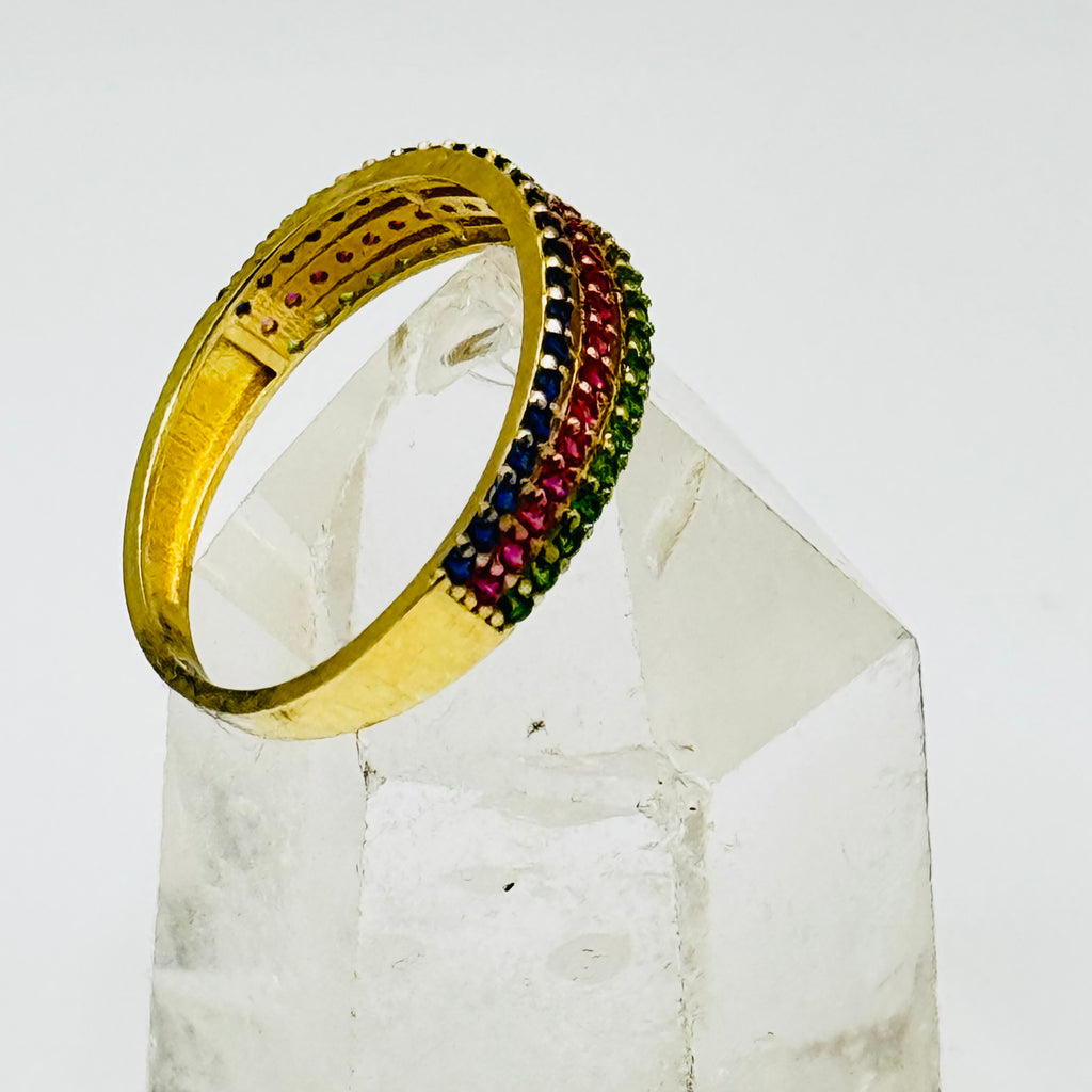 10K Gold Ring with Three Lines of Colorful Swarovski Crystals - Size 7