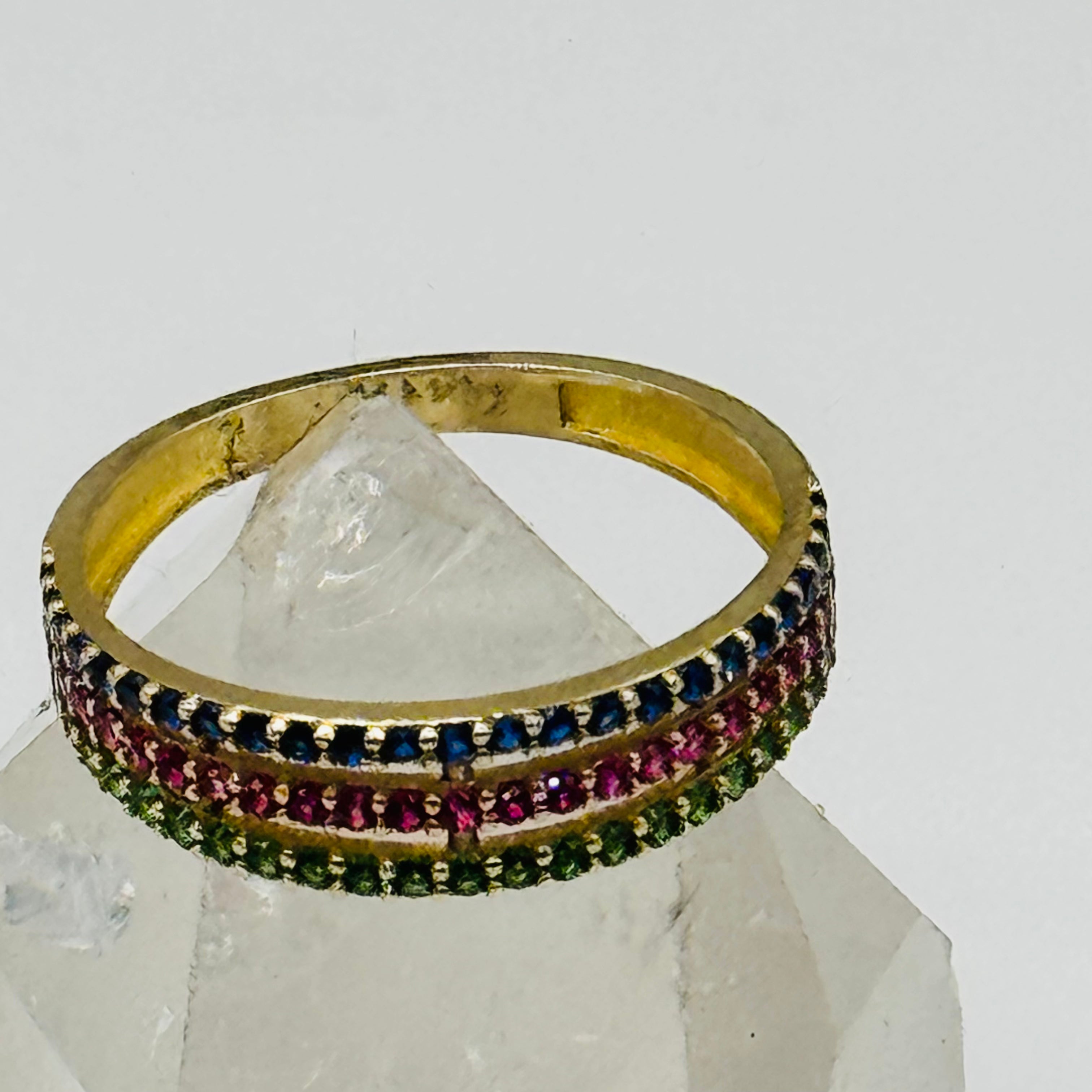 10K Gold Ring with Three Lines of Colorful Swarovski Crystals - Size 7