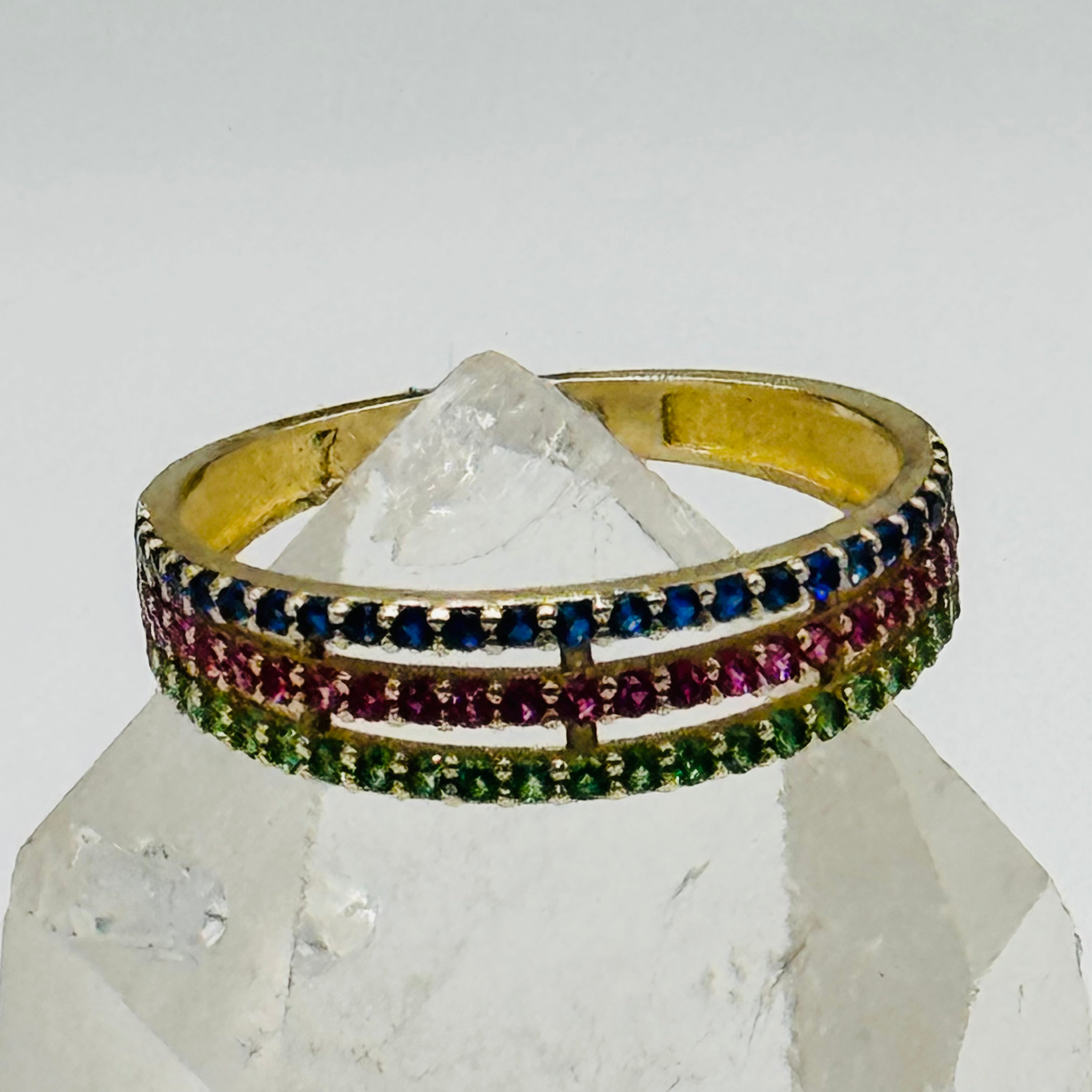 10K Gold Ring with Three Lines of Colorful Swarovski Crystals - Size 7