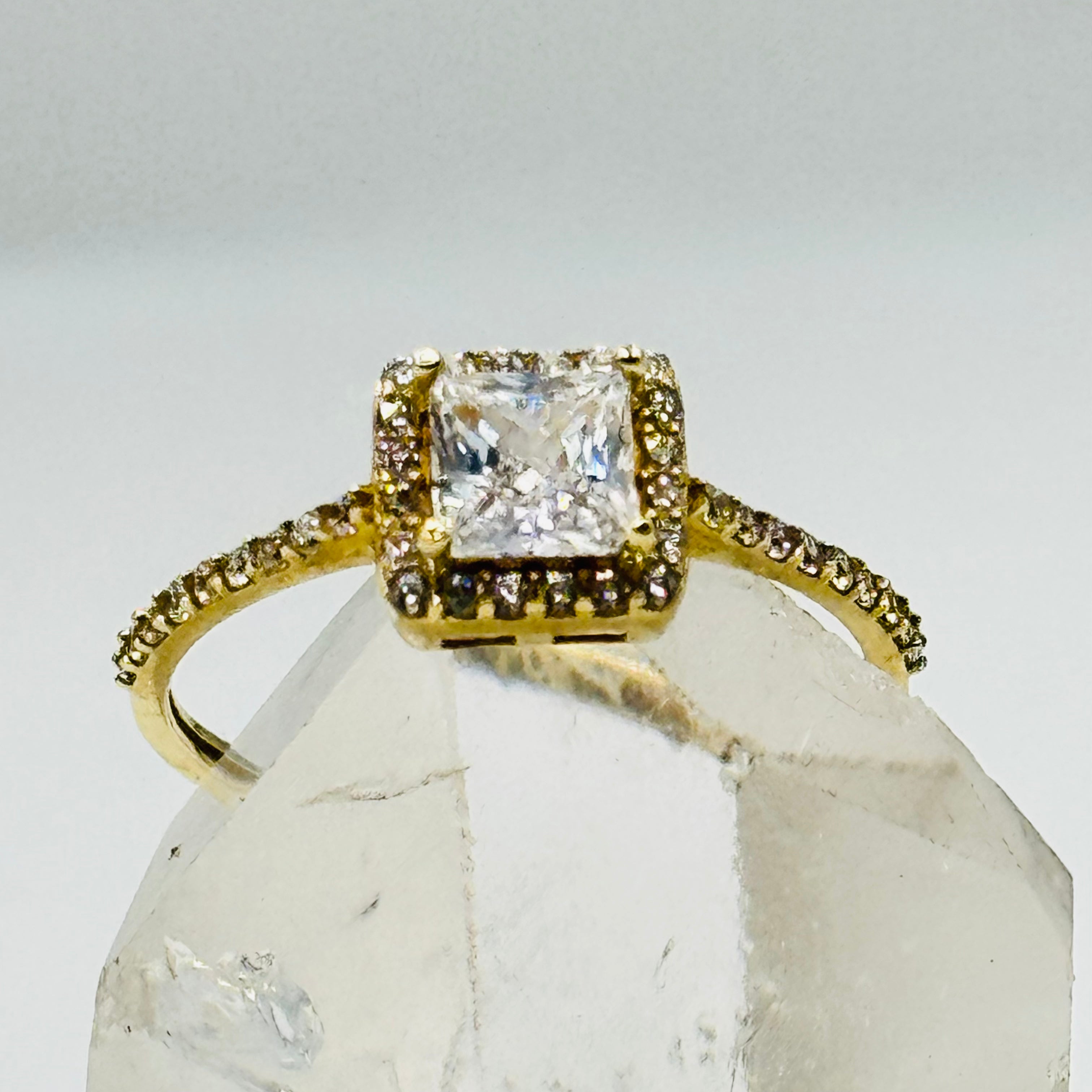 10K Gold Engagement Ring with Large Square Swarovski Crystal and Band Accents - Size 8