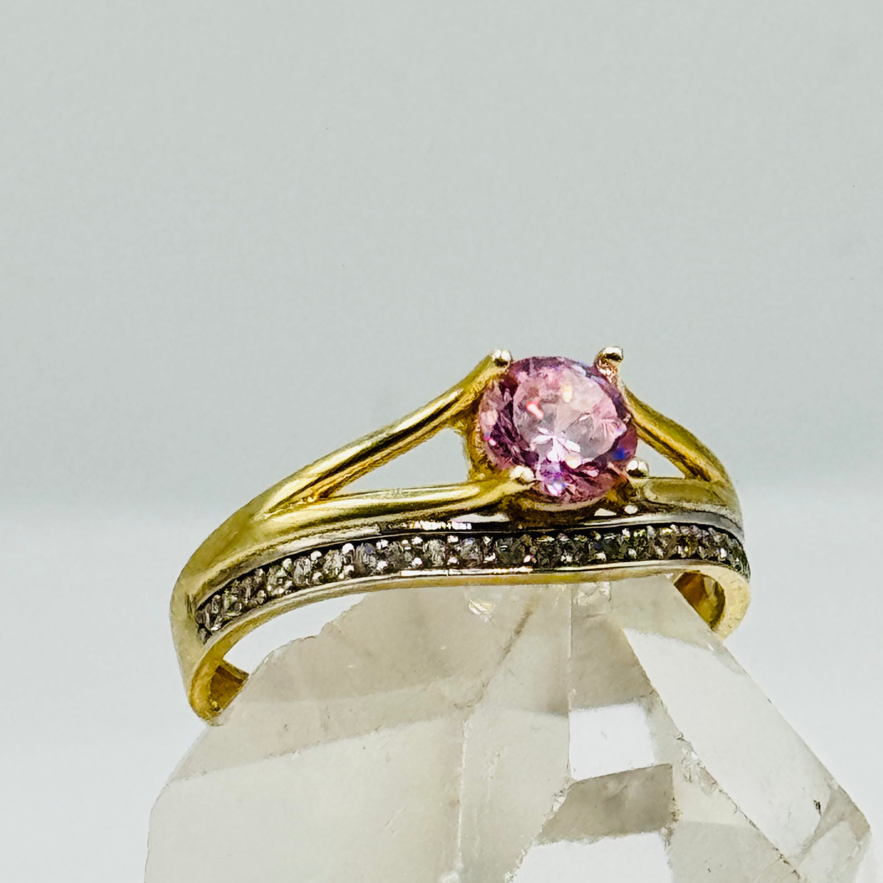 10K Gold  Ring with Pink Swarovski Crystal and Crystal Band Line - Size 8
