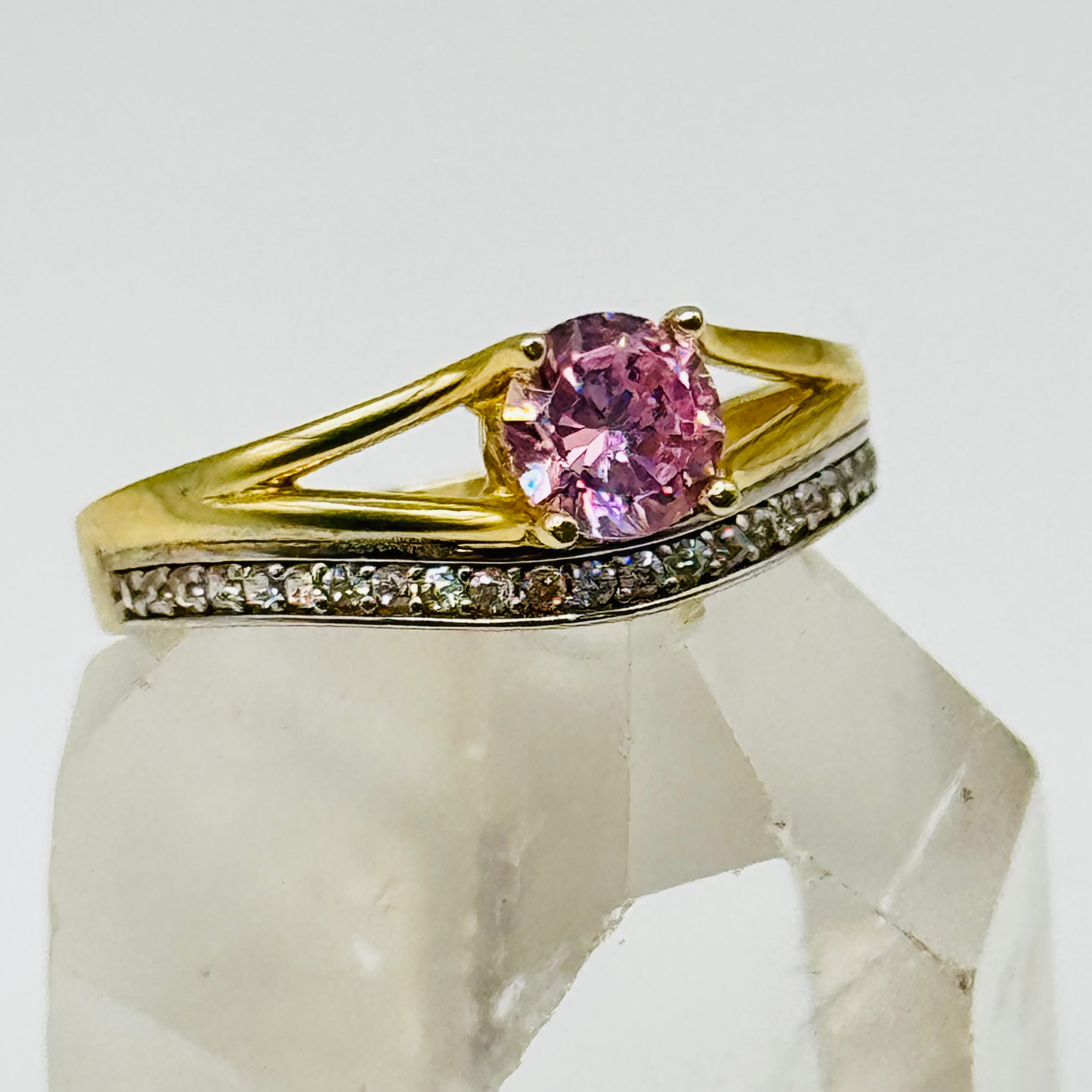 10K Gold  Ring with Pink Swarovski Crystal and Crystal Band Line - Size 8
