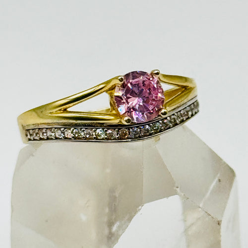 10K Gold  Ring with Pink Swarovski Crystal and Crystal Band Line - Size 8