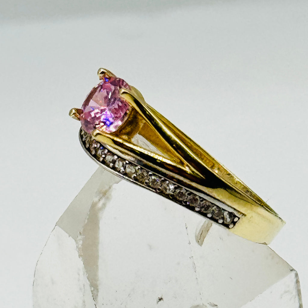 10K Gold  Ring with Pink Swarovski Crystal and Crystal Band Line - Size 8