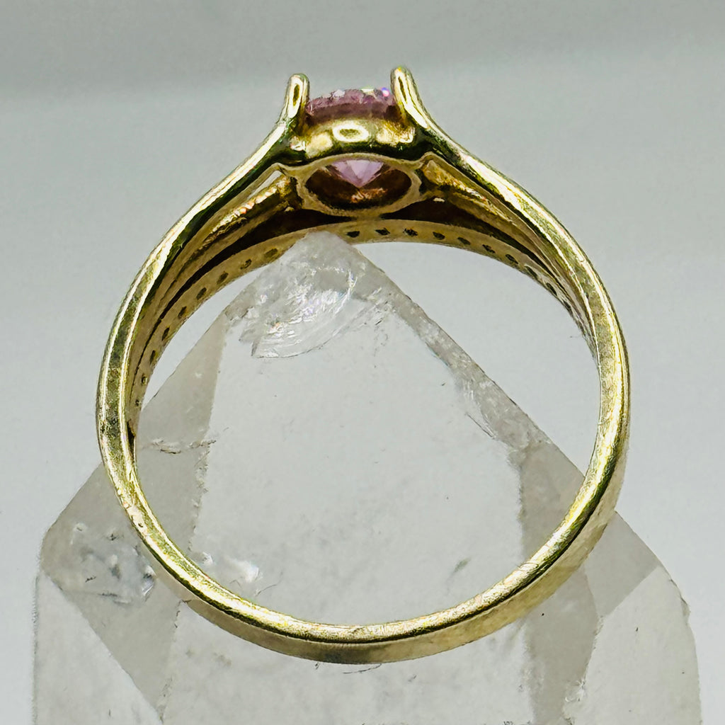 10K Gold  Ring with Pink Swarovski Crystal and Crystal Band Line - Size 8