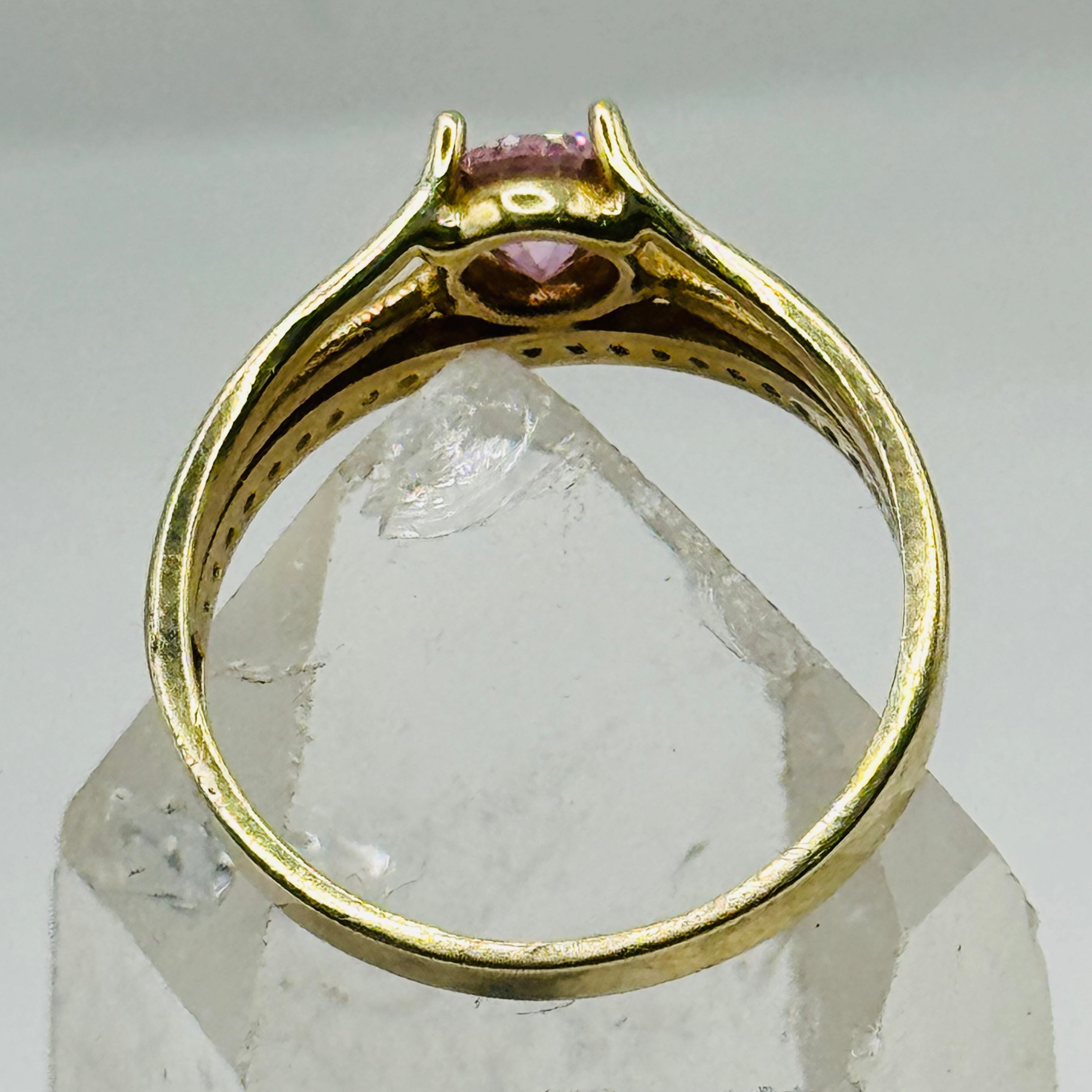 10K Gold  Ring with Pink Swarovski Crystal and Crystal Band Line - Size 8