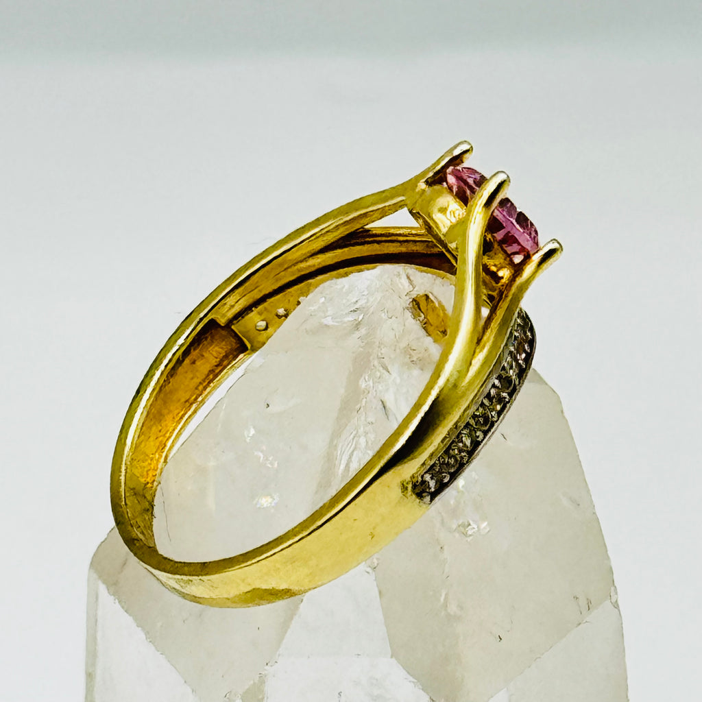 10K Gold  Ring with Pink Swarovski Crystal and Crystal Band Line - Size 8