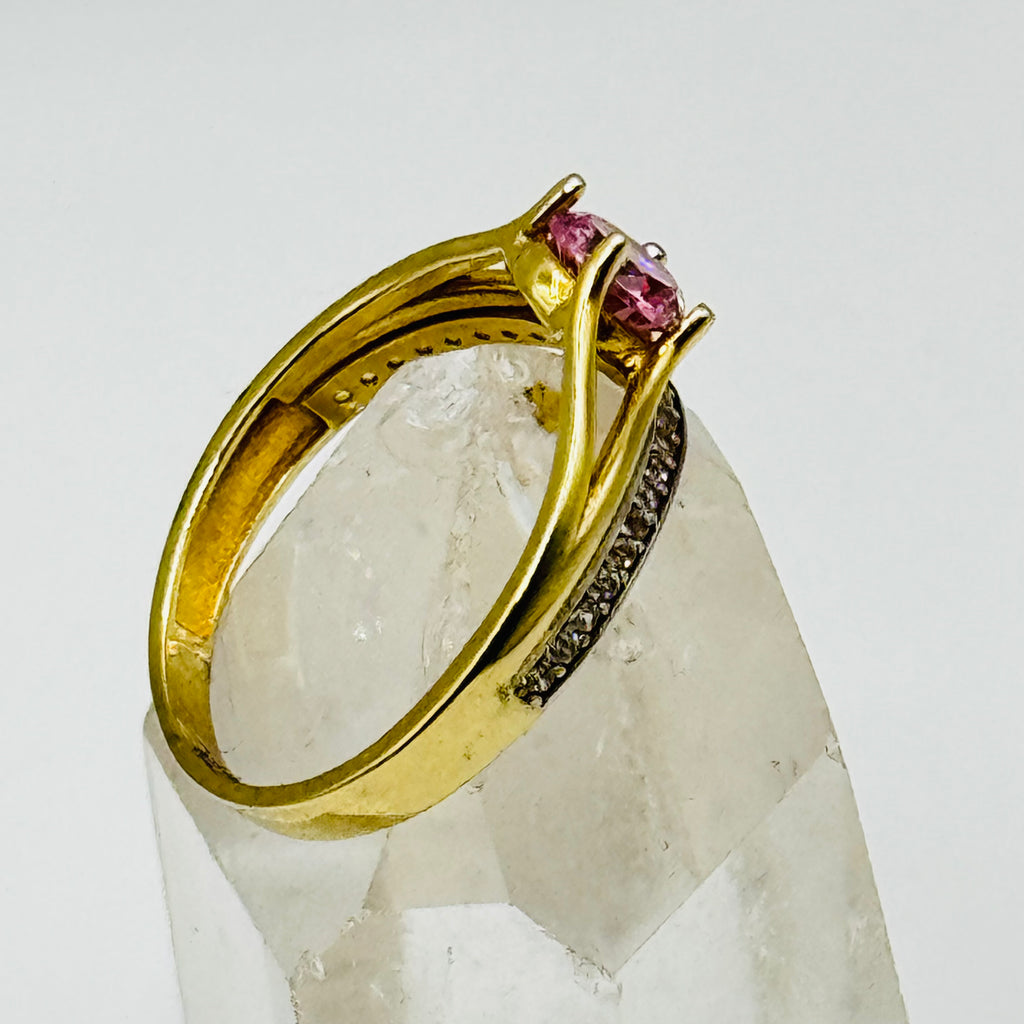 10K Gold  Ring with Pink Swarovski Crystal and Crystal Band Line - Size 8
