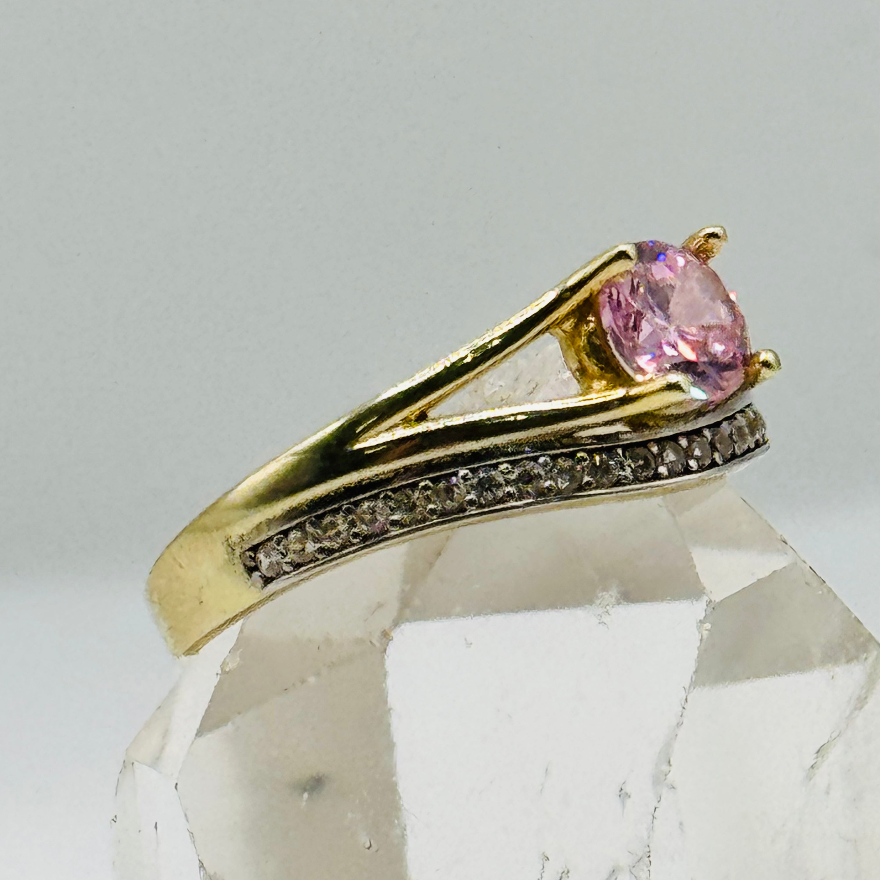 10K Gold  Ring with Pink Swarovski Crystal and Crystal Band Line - Size 8