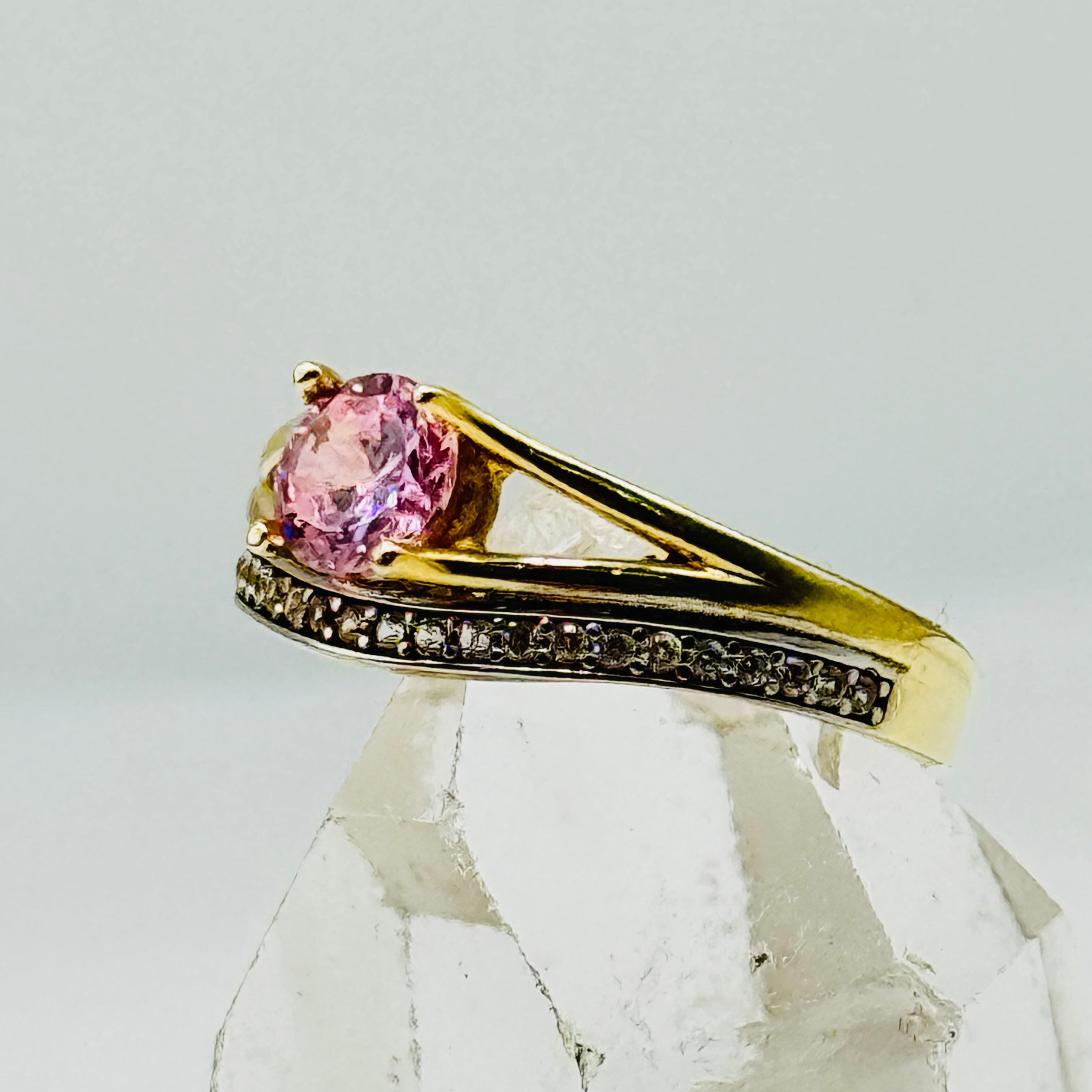 10K Gold  Ring with Pink Swarovski Crystal and Crystal Band Line - Size 8