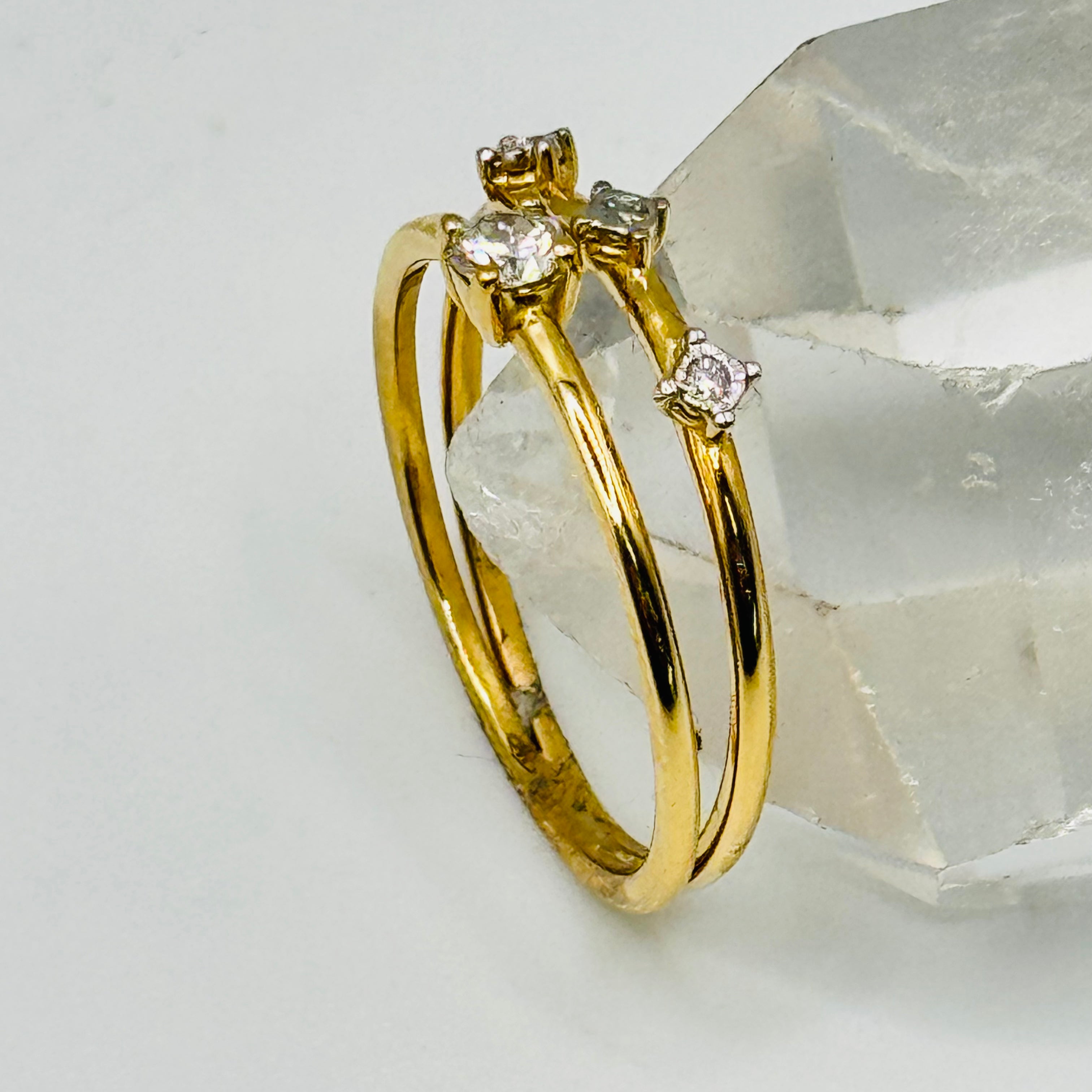 18K Gold Double Band Ring with 4 Diamonds