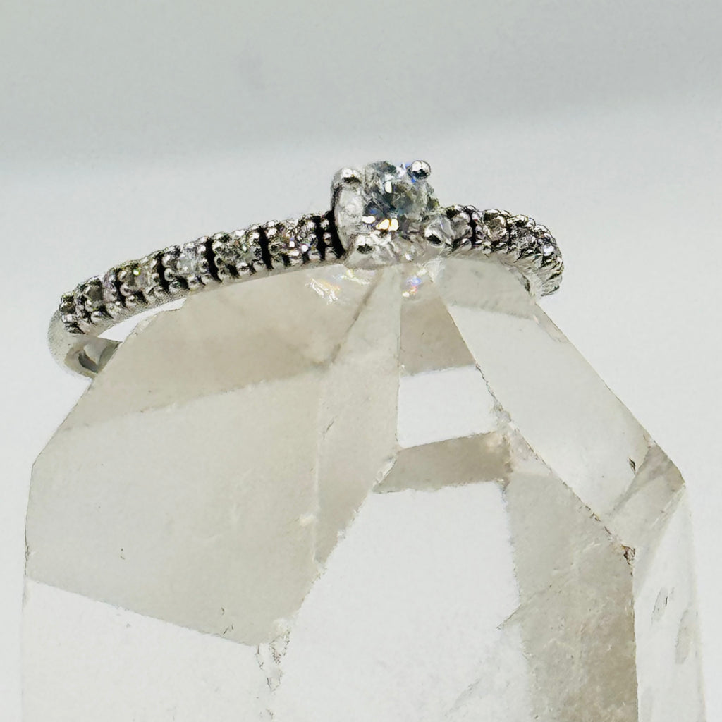 18K White Gold Ring with Center Diamond and Half Eternity Band