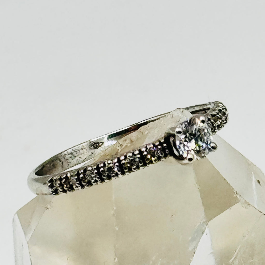 18K White Gold Ring with Center Diamond and Half Eternity Band