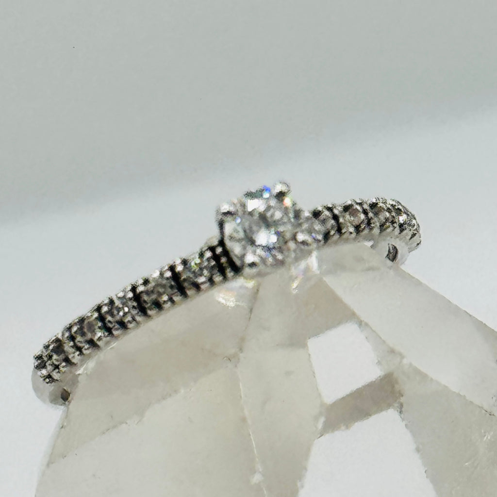 18K White Gold Ring with Center Diamond and Half Eternity Band