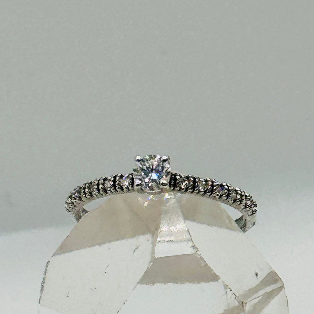 18K White Gold Ring with Center Diamond and Half Eternity Band