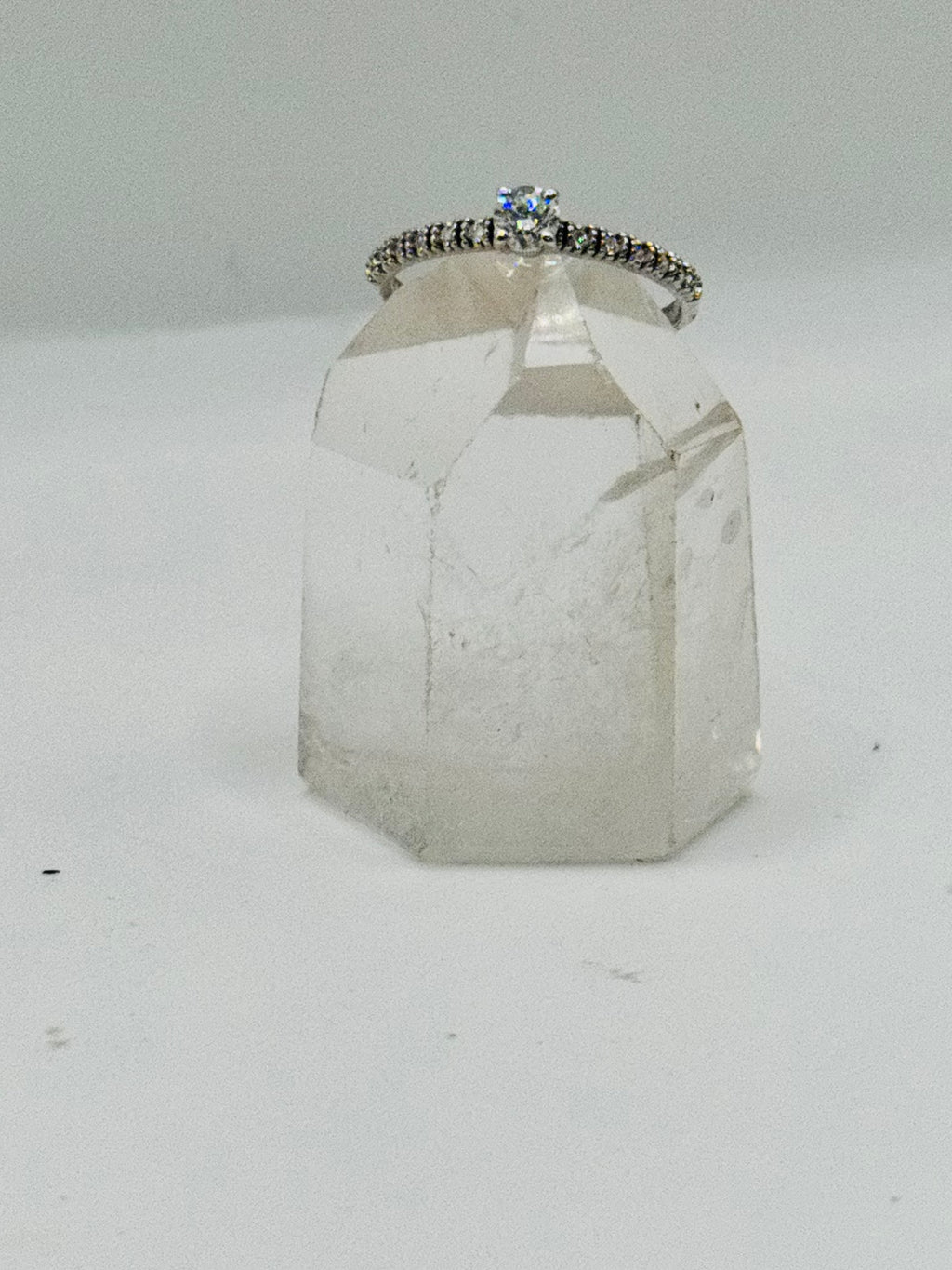 18K White Gold Ring with Center Diamond and Half Eternity Band