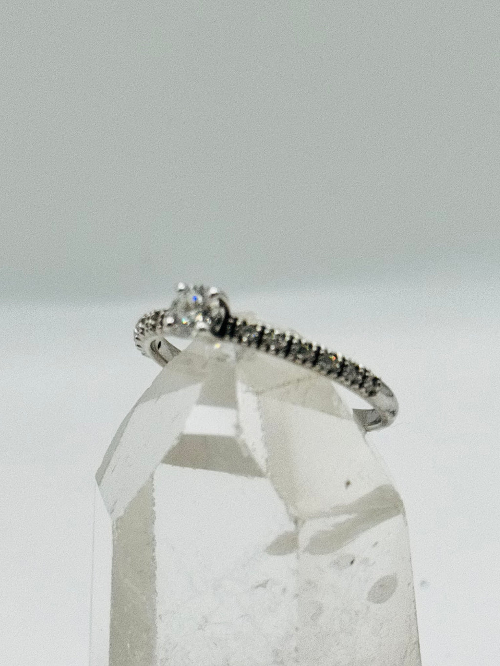 18K White Gold Ring with Center Diamond and Half Eternity Band
