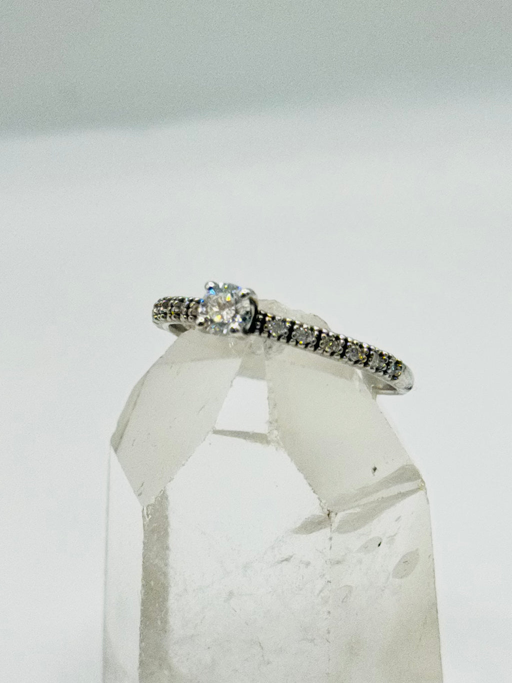 18K White Gold Ring with Center Diamond and Half Eternity Band