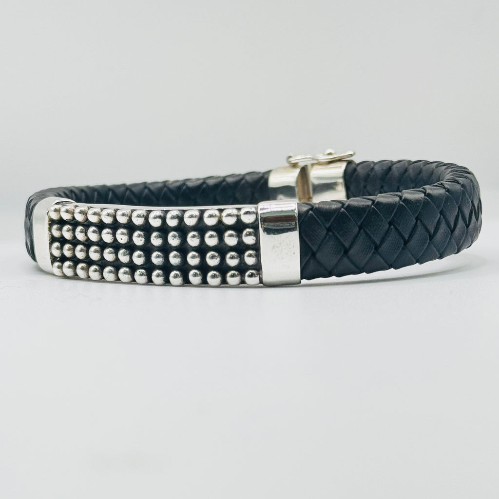 Pulsera para hombre de cuero trenzado y plata de ley 950 con detalles atrevidos