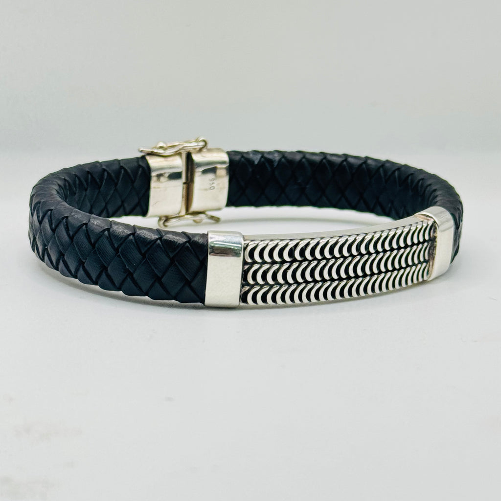 Men's Braided Leather & Sterling Silver 950 Bracelet with Wave Detail