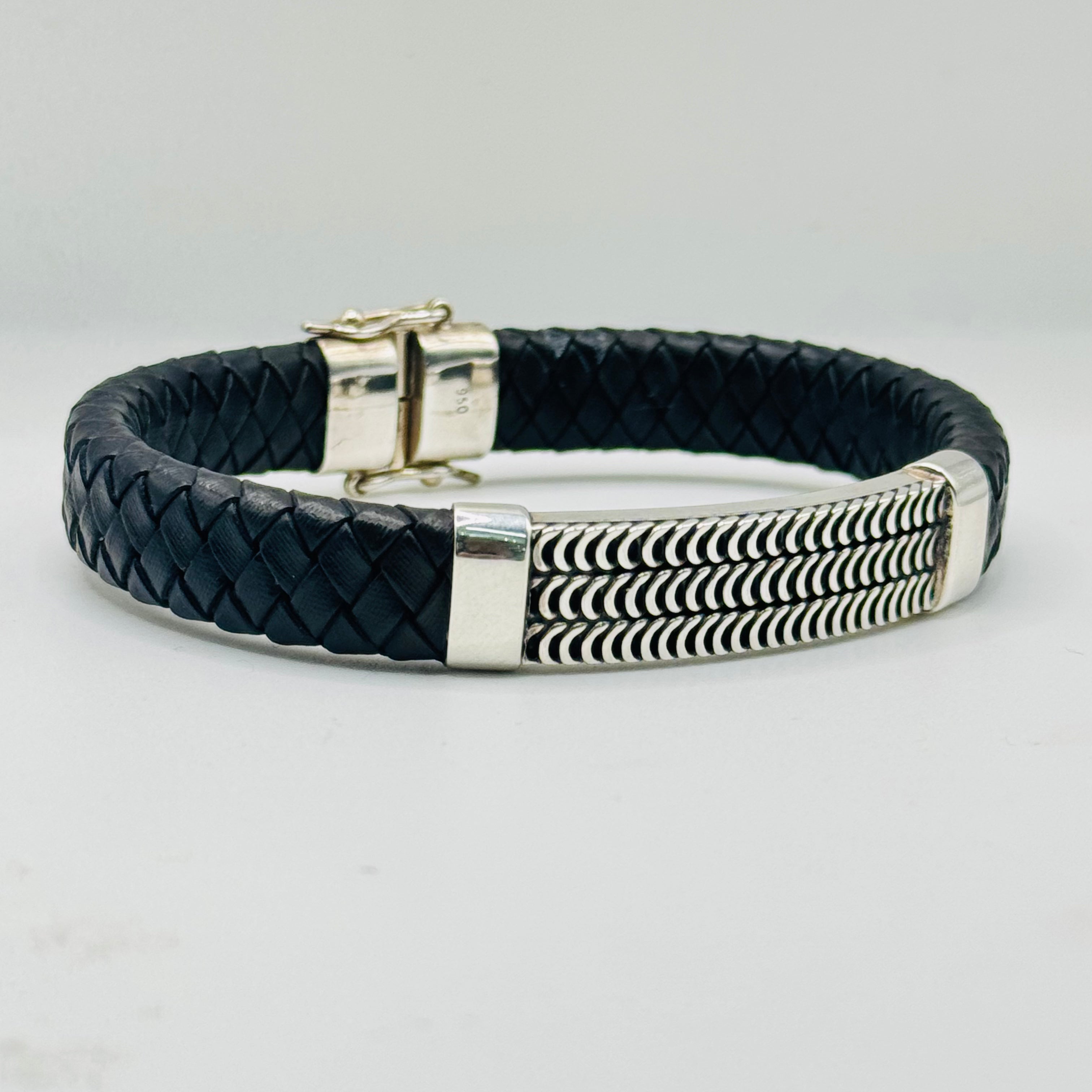 Men's Braided Leather & Sterling Silver 950 Bracelet with Wave Detail