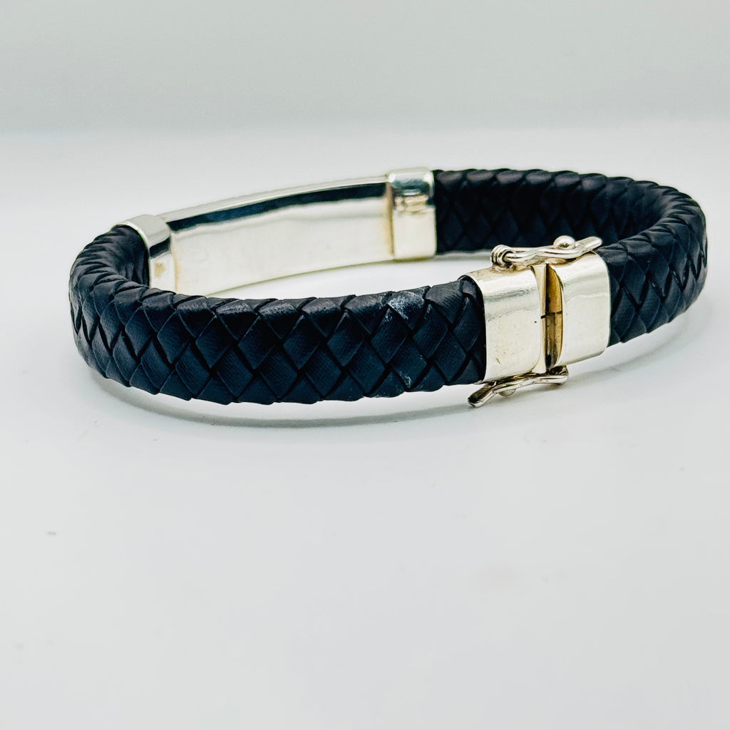 Men's Braided Leather & Sterling Silver 950 Bracelet with Wave Detail