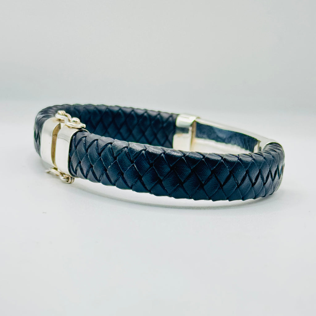 Men's Braided Leather & Sterling Silver 950 Bracelet with Wave Detail