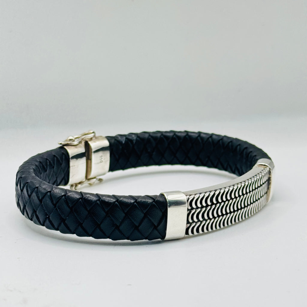 Men's Braided Leather & Sterling Silver 950 Bracelet with Wave Detail