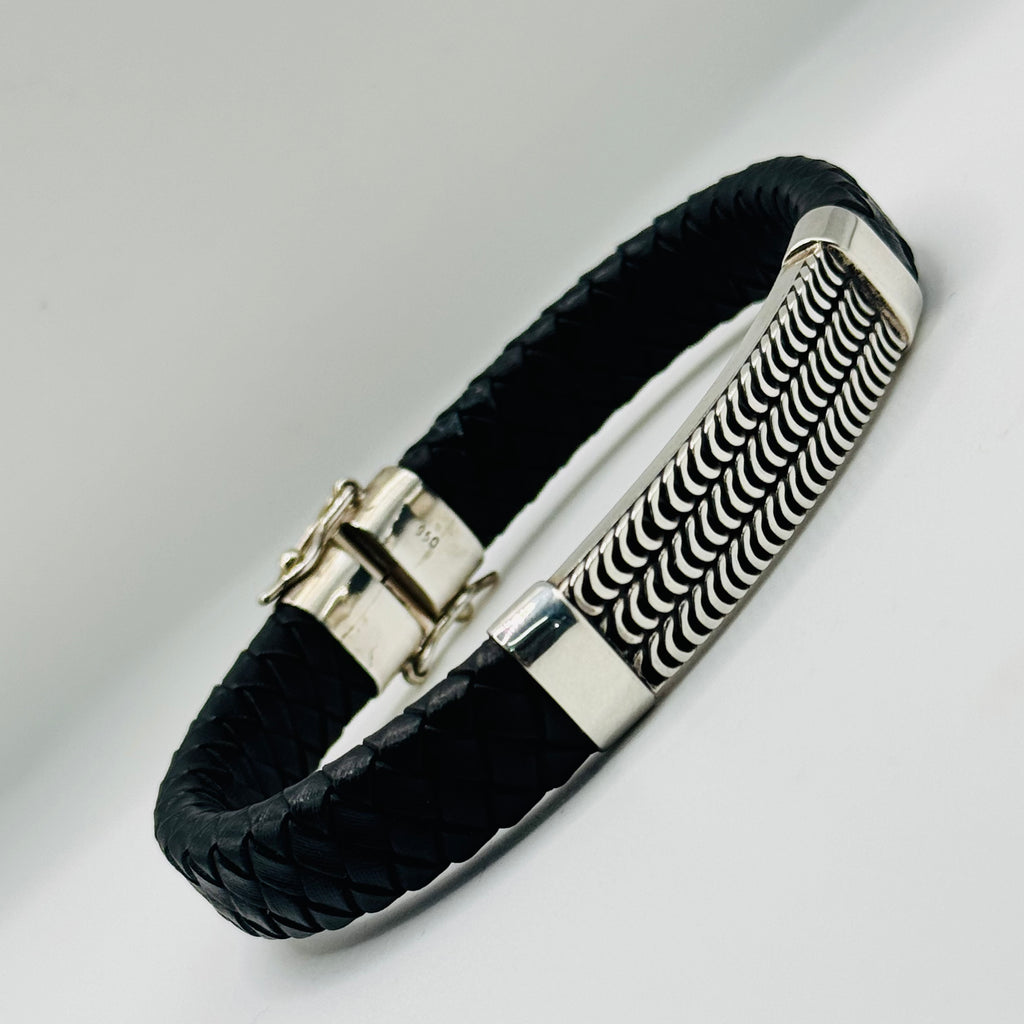 Men's Braided Leather & Sterling Silver 950 Bracelet with Wave Detail