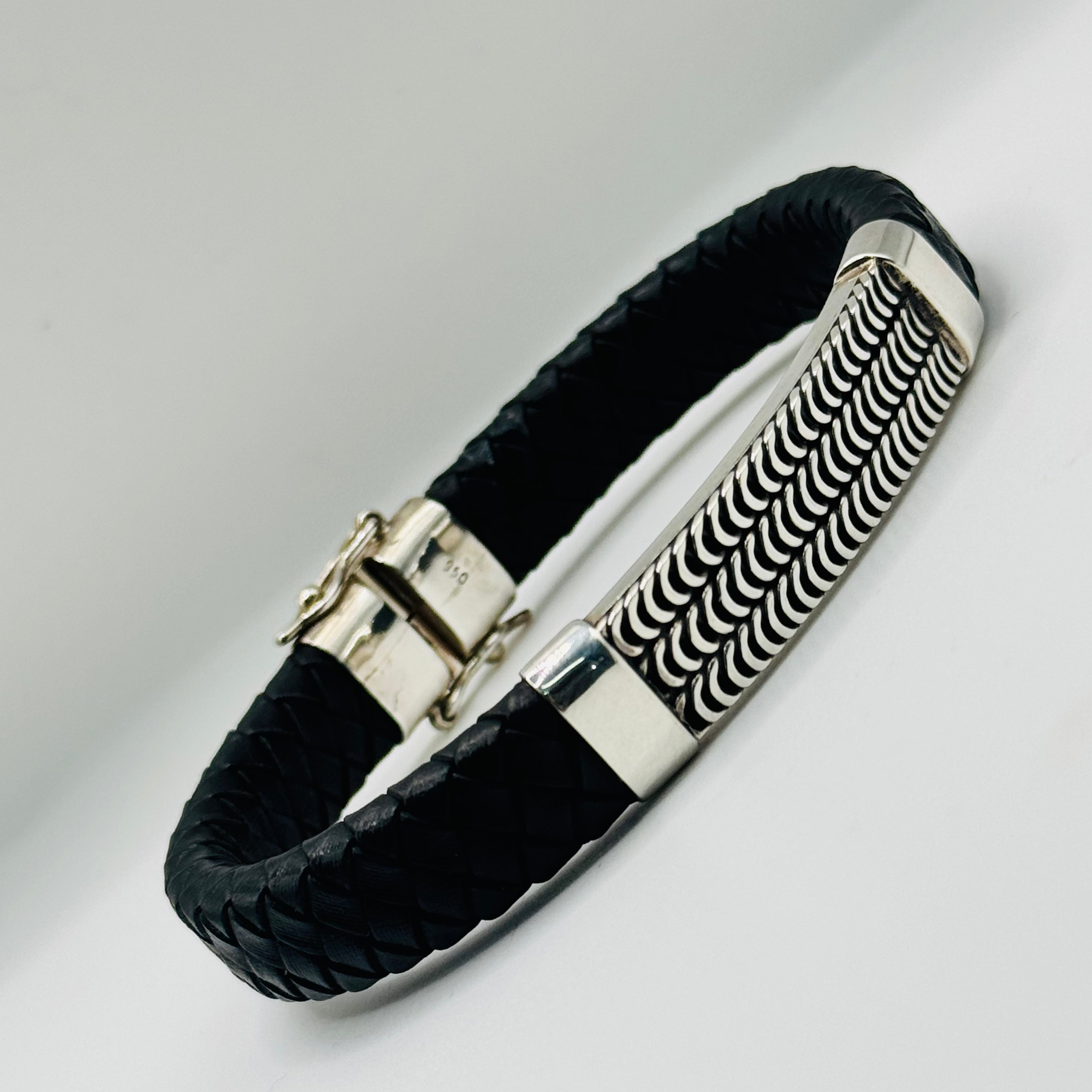 Men's Braided Leather & Sterling Silver 950 Bracelet with Wave Detail