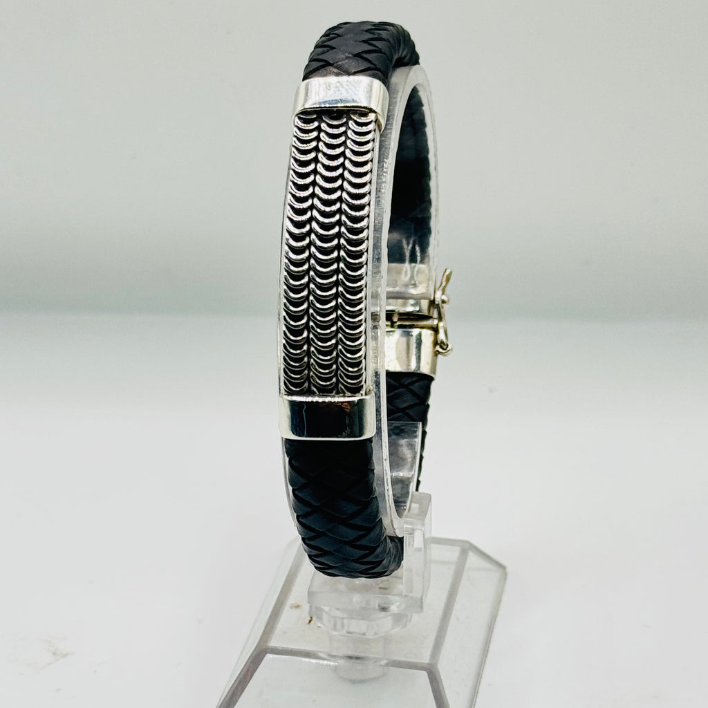 Men's Braided Leather & Sterling Silver 950 Bracelet with Wave Detail