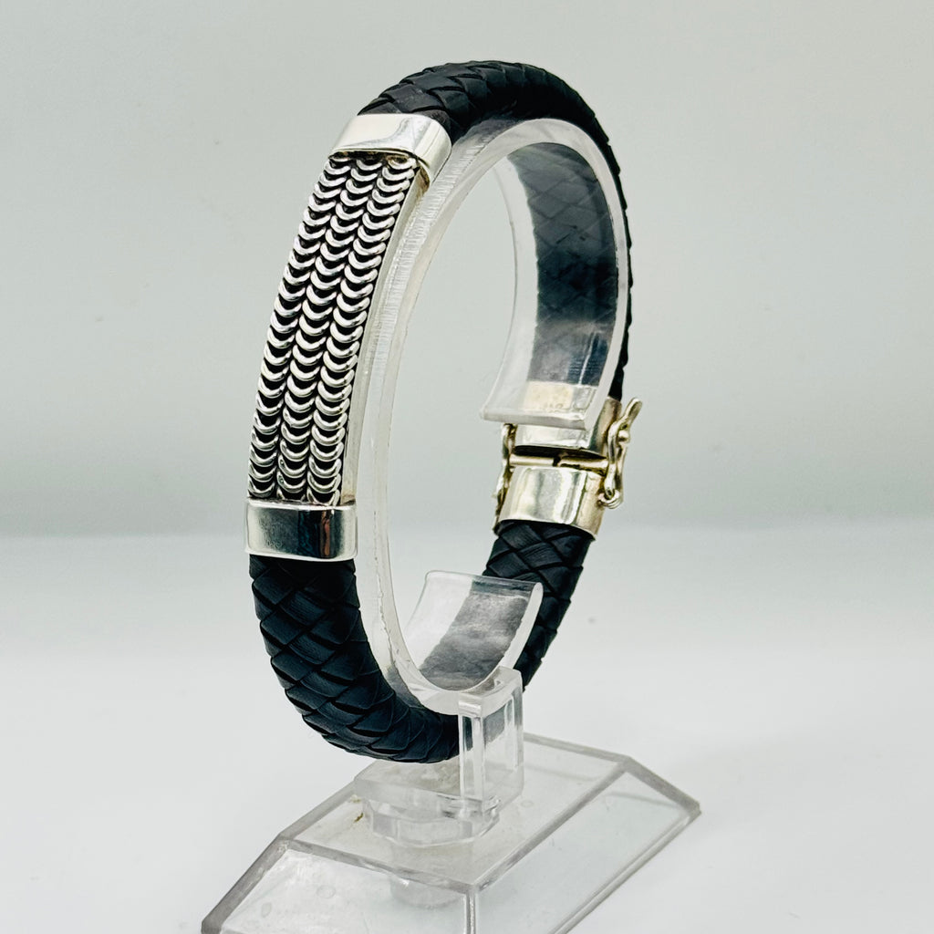 Men's Braided Leather & Sterling Silver 950 Bracelet with Wave Detail