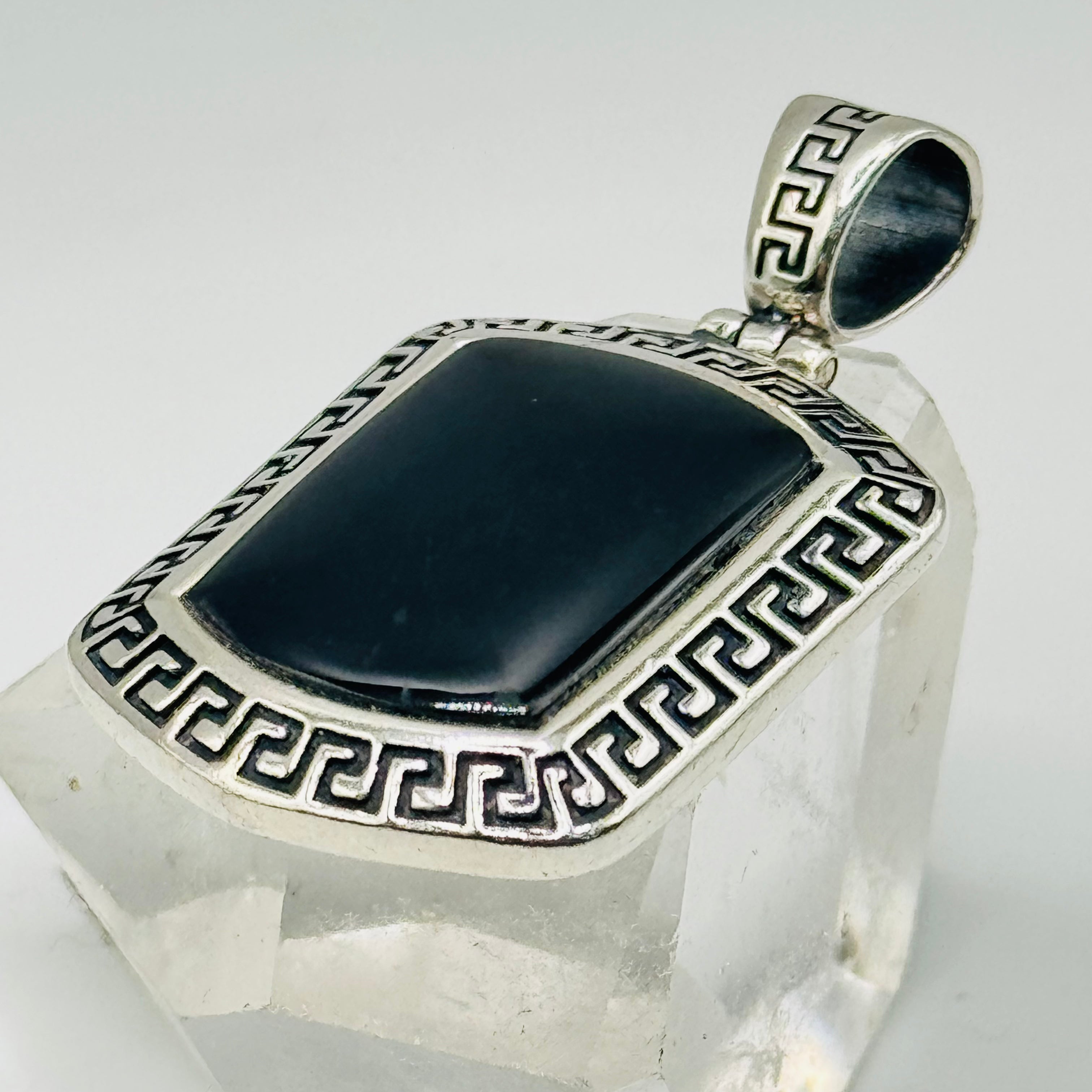 Rectangular Sterling Silver 950 & Black Onyx Pendant with Aged Edges