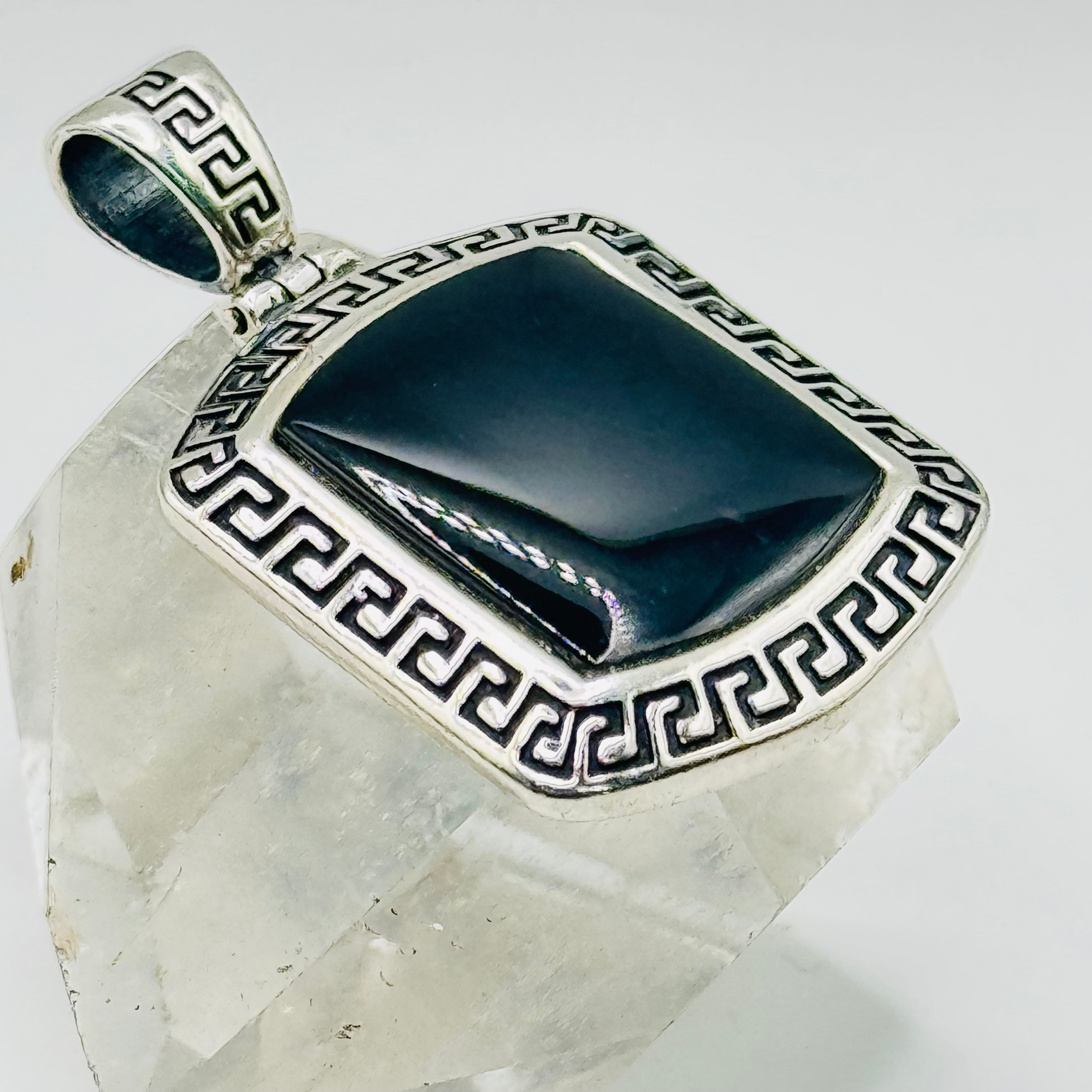 Rectangular Sterling Silver 950 & Black Onyx Pendant with Aged Edges