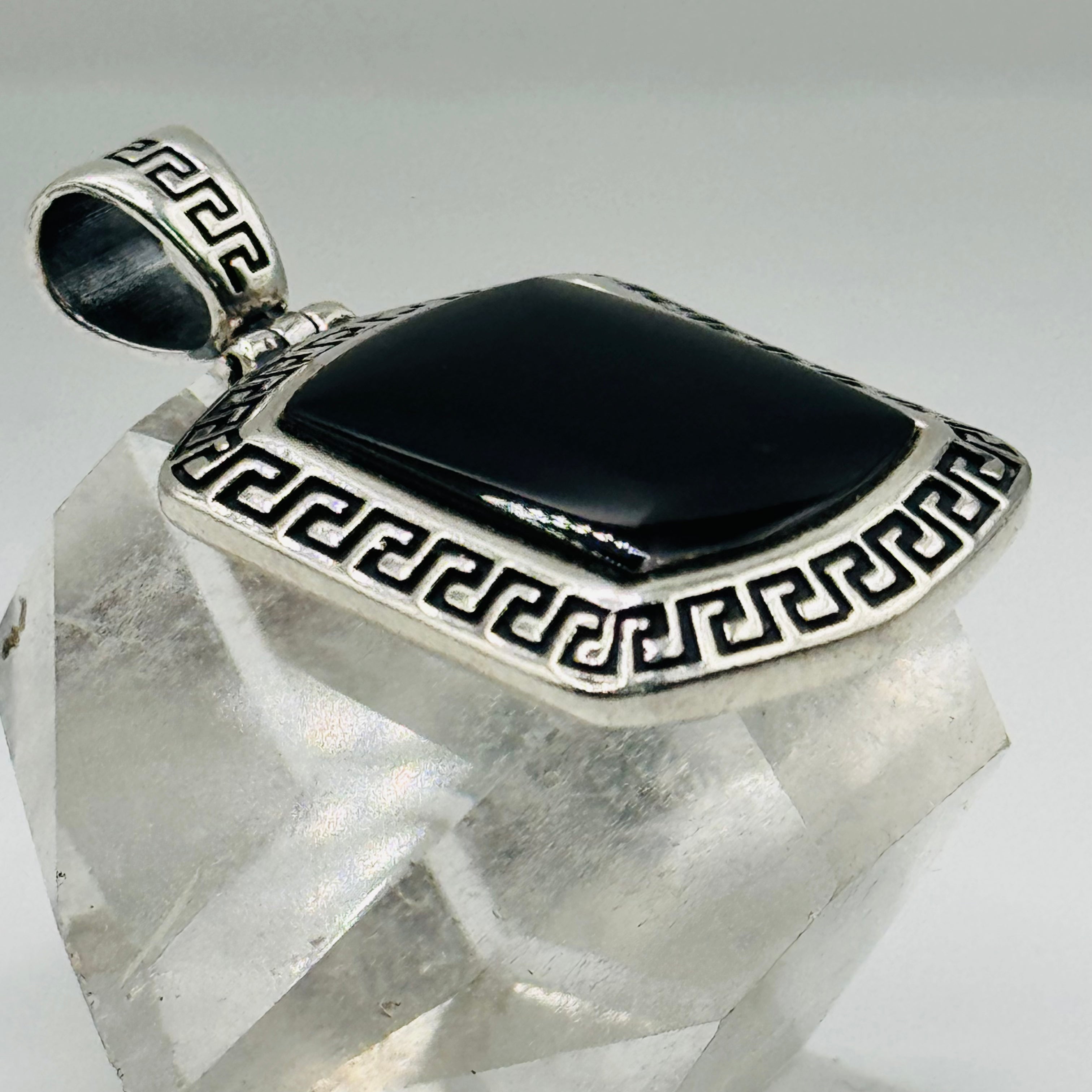 Rectangular Sterling Silver 950 & Black Onyx Pendant with Aged Edges