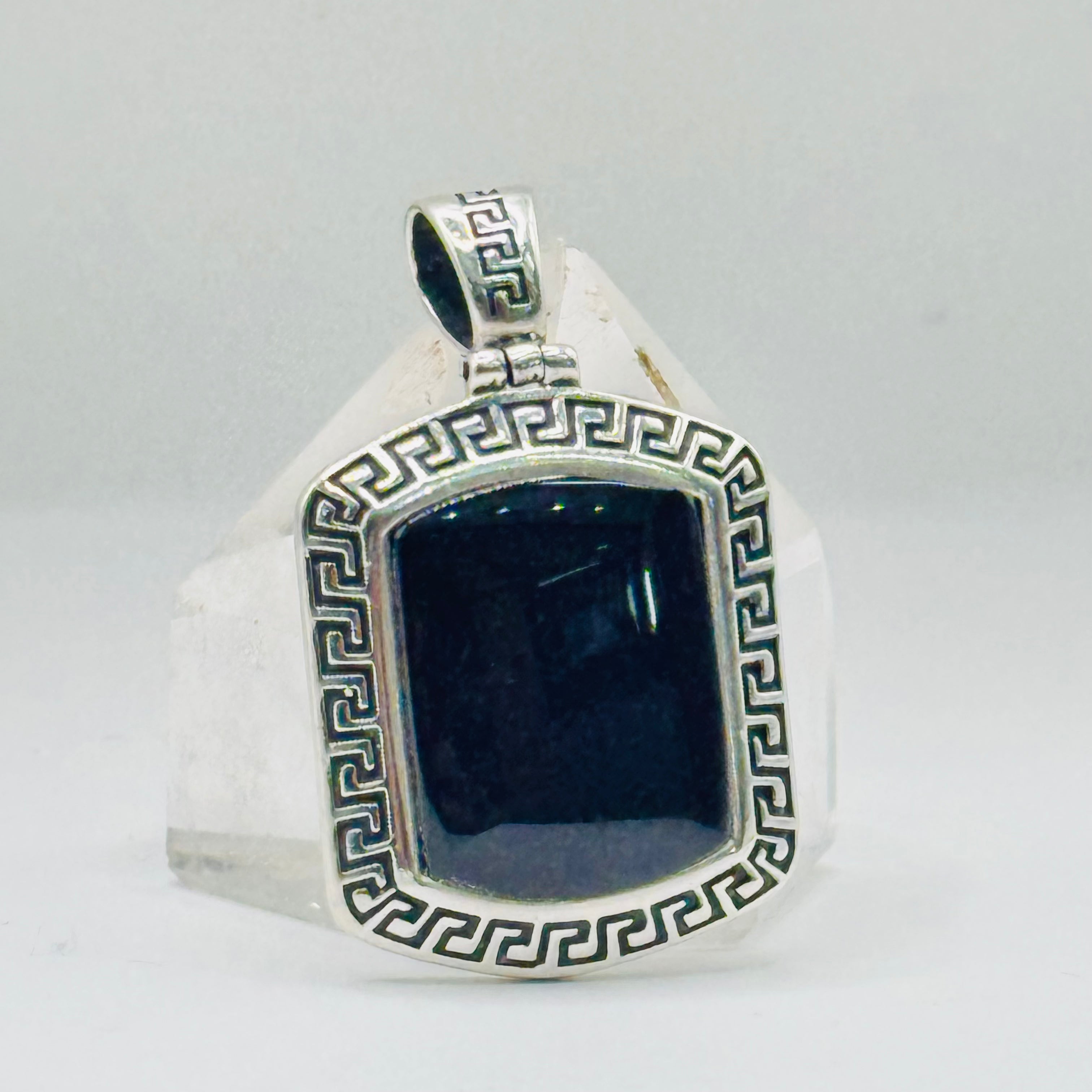 Rectangular Sterling Silver 950 & Black Onyx Pendant with Aged Edges
