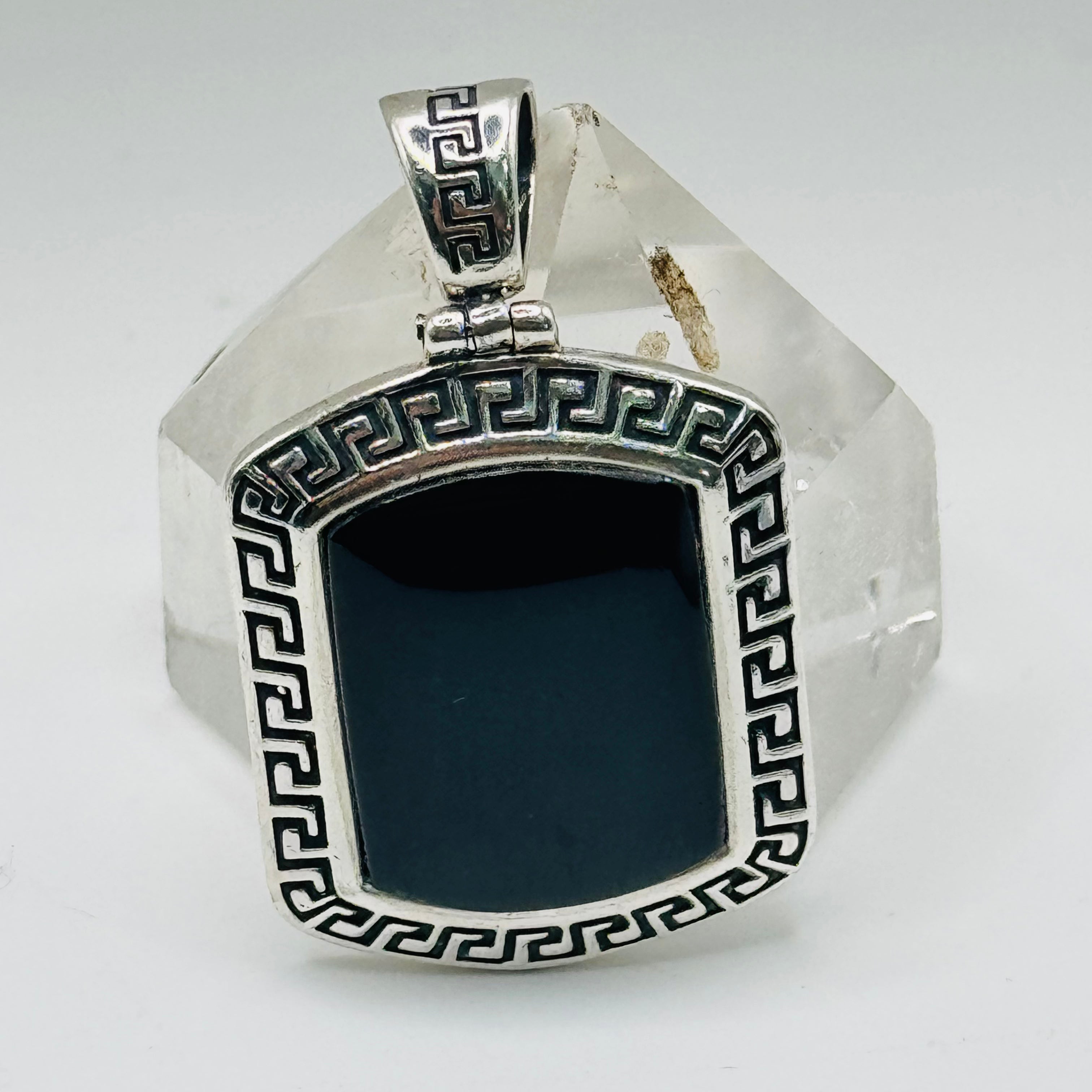 Rectangular Sterling Silver 950 & Black Onyx Pendant with Aged Edges