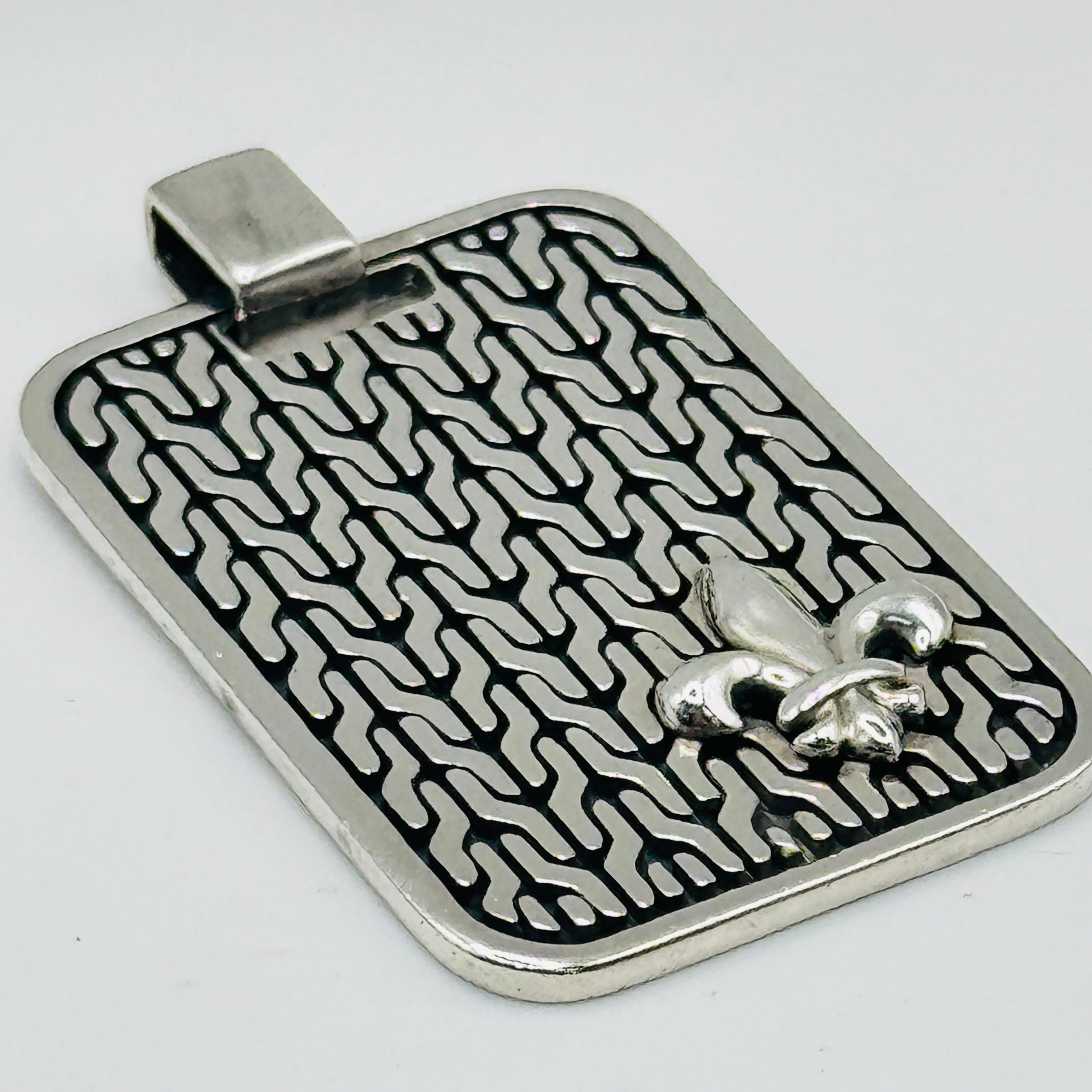 Rectangular Sterling Silver 950 Pendant with Geometric Pattern & Fleur-de-Lis