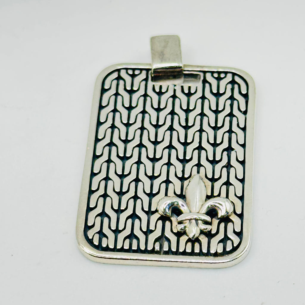 Rectangular Sterling Silver 950 Pendant with Geometric Pattern & Fleur-de-Lis