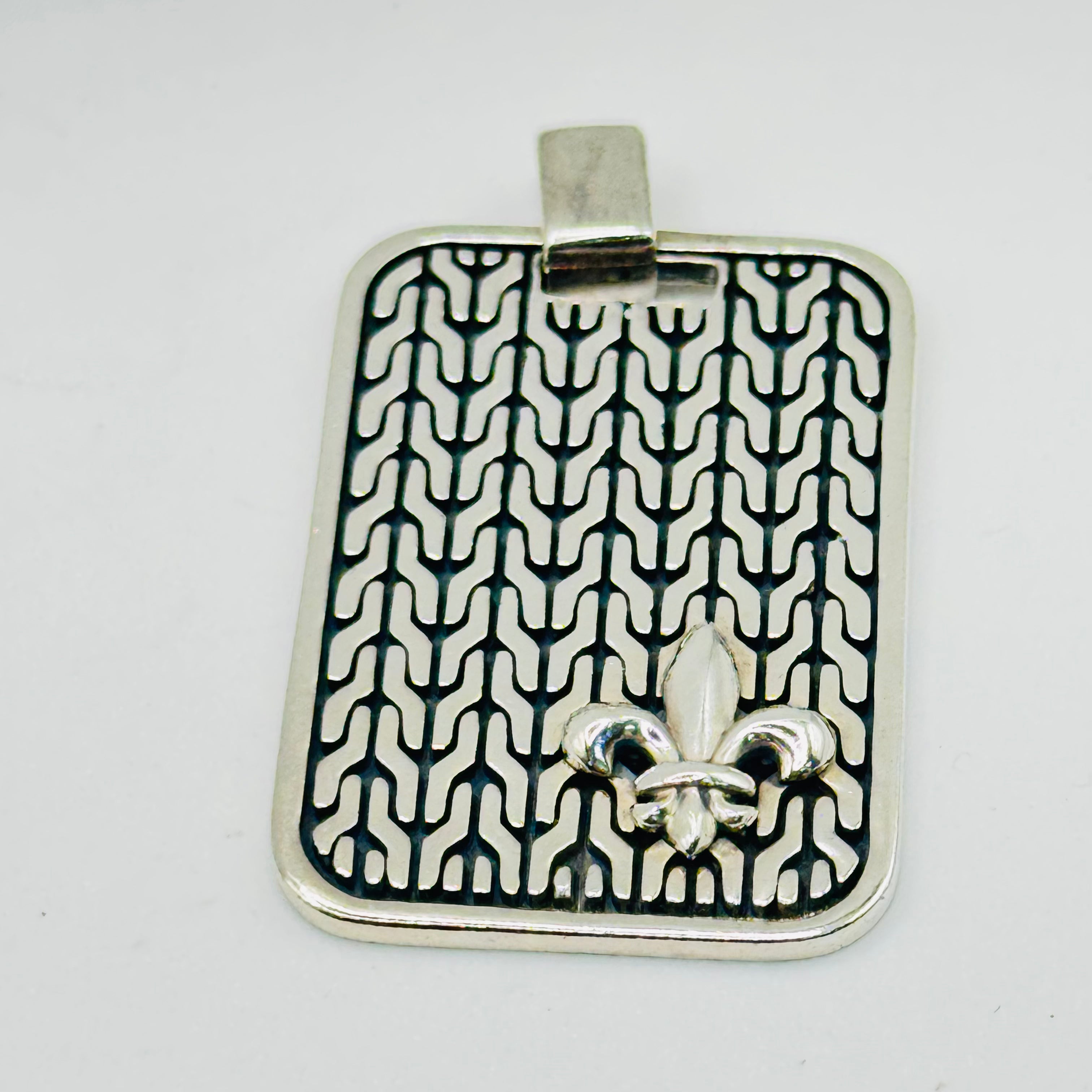 Rectangular Sterling Silver 950 Pendant with Geometric Pattern & Fleur-de-Lis