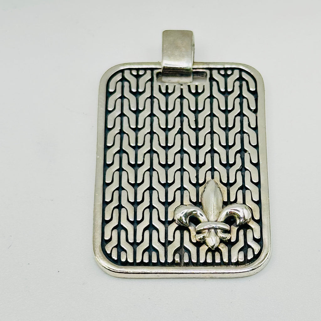 Rectangular Sterling Silver 950 Pendant with Geometric Pattern & Fleur-de-Lis