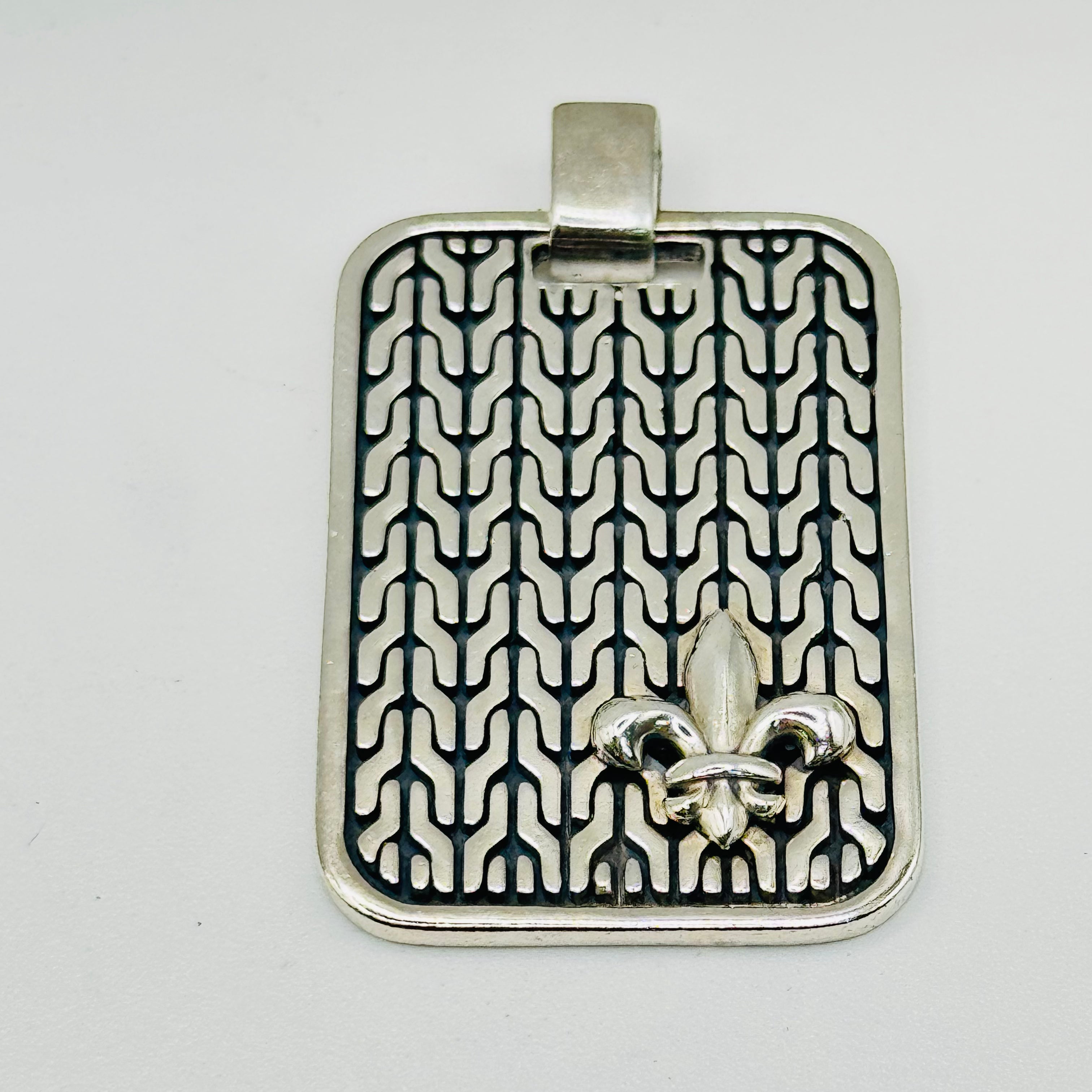 Rectangular Sterling Silver 950 Pendant with Geometric Pattern & Fleur-de-Lis
