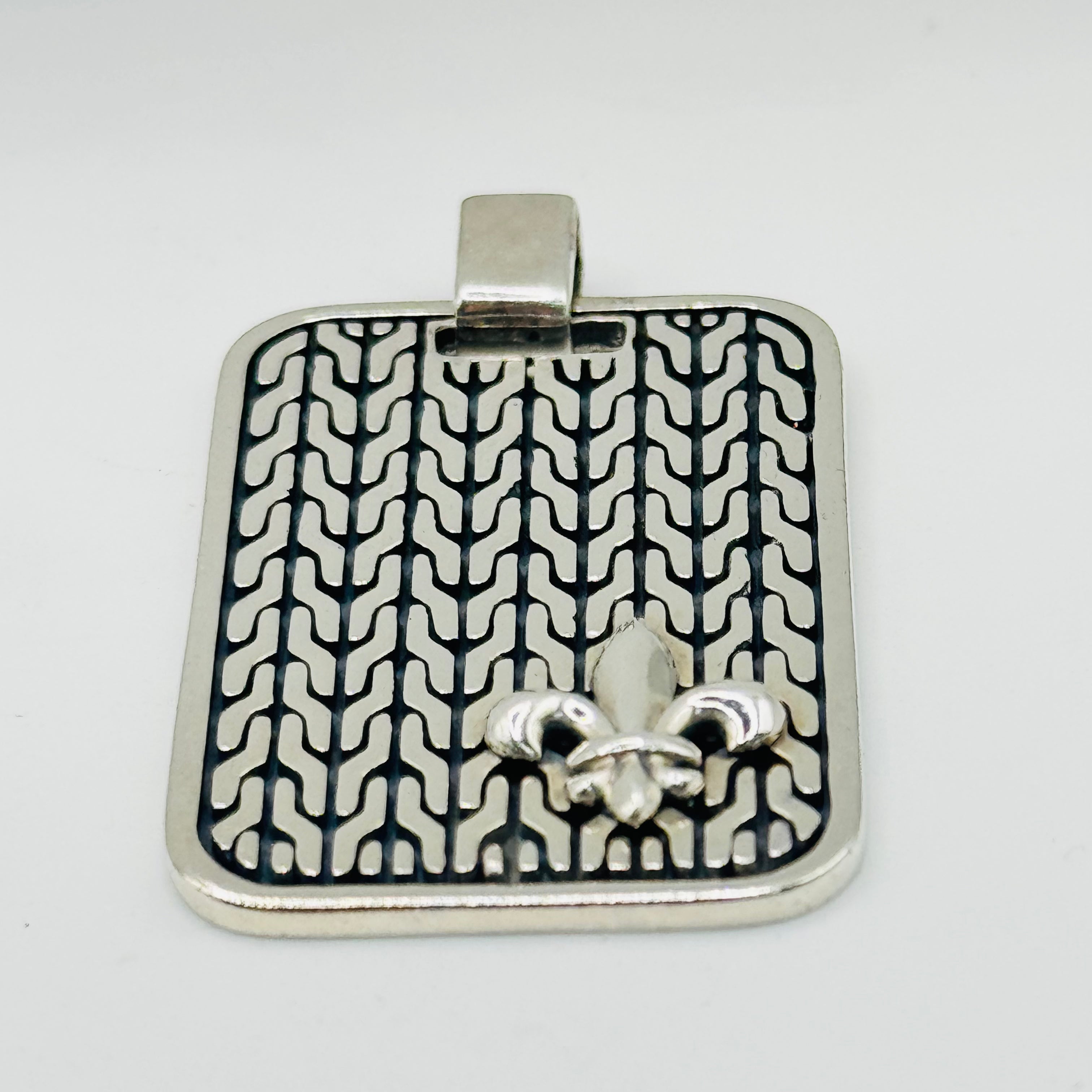 Rectangular Sterling Silver 950 Pendant with Geometric Pattern & Fleur-de-Lis