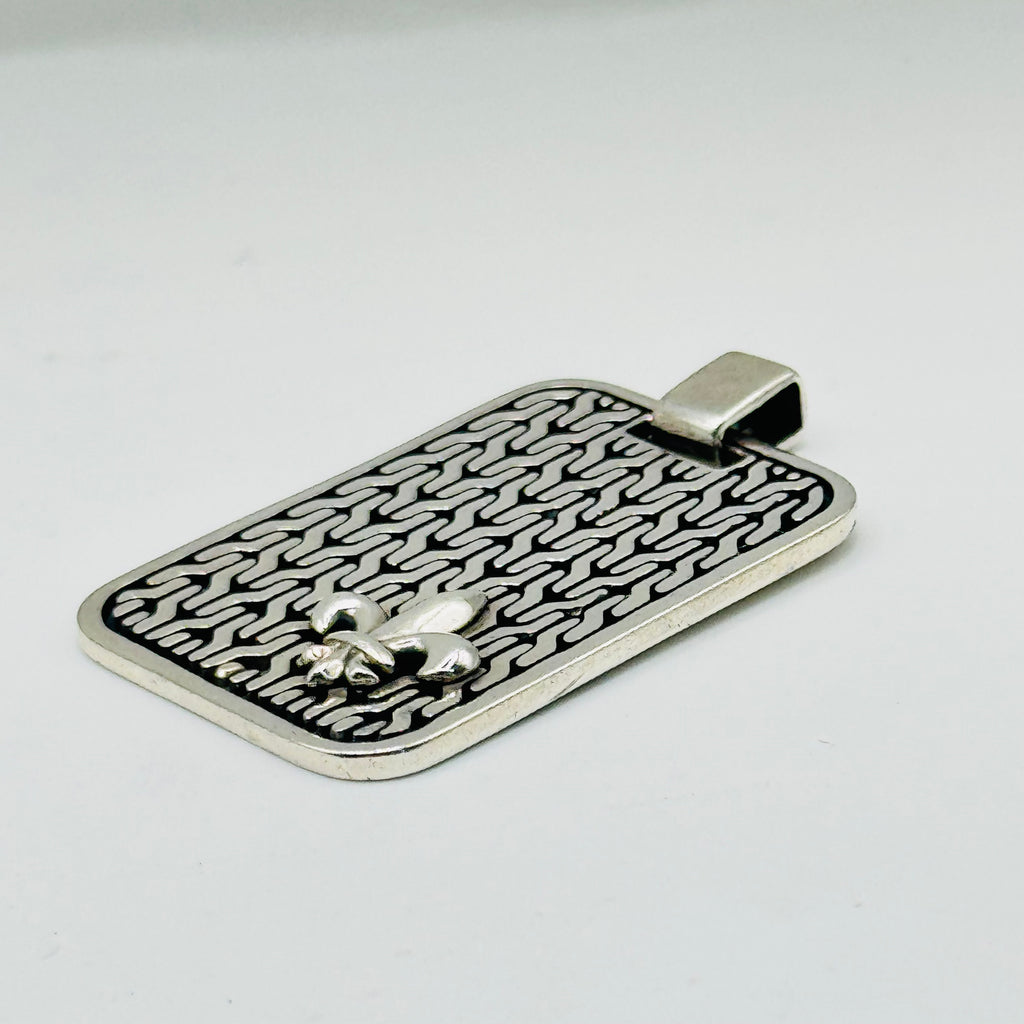 Rectangular Sterling Silver 950 Pendant with Geometric Pattern & Fleur-de-Lis
