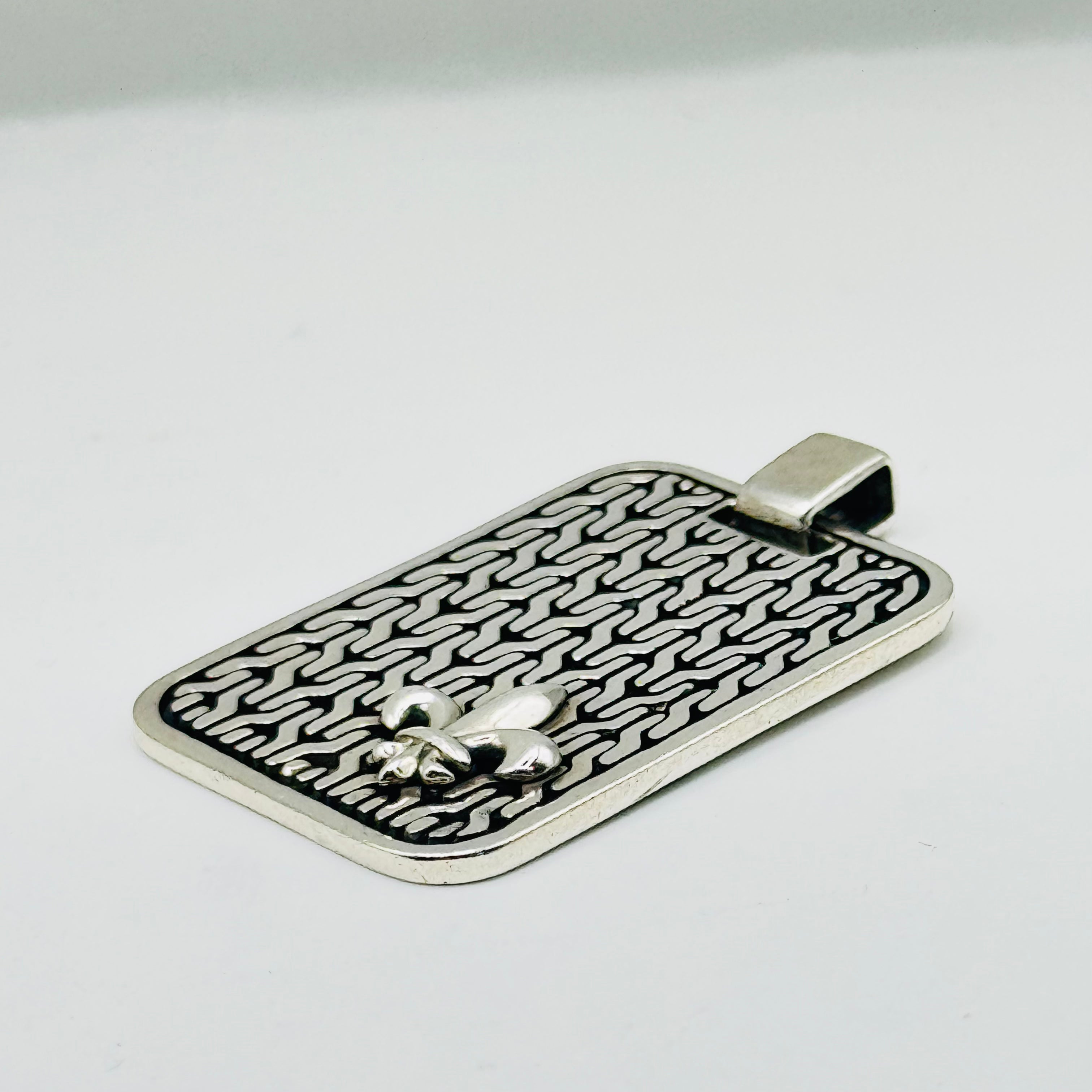 Rectangular Sterling Silver 950 Pendant with Geometric Pattern & Fleur-de-Lis